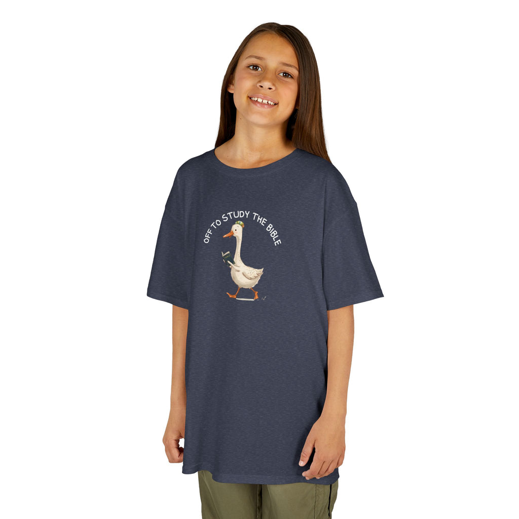 Kids T-Shirt - "Off to Study the Bible" Cute Goose Christian Tee for Sunday School & Church