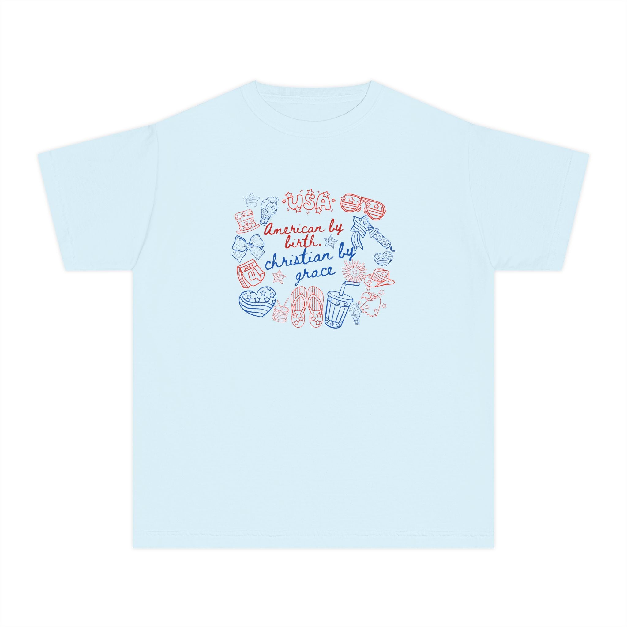Youth Tee — "American by Birth, Christian by Grace" Illustrated Faith Graphic