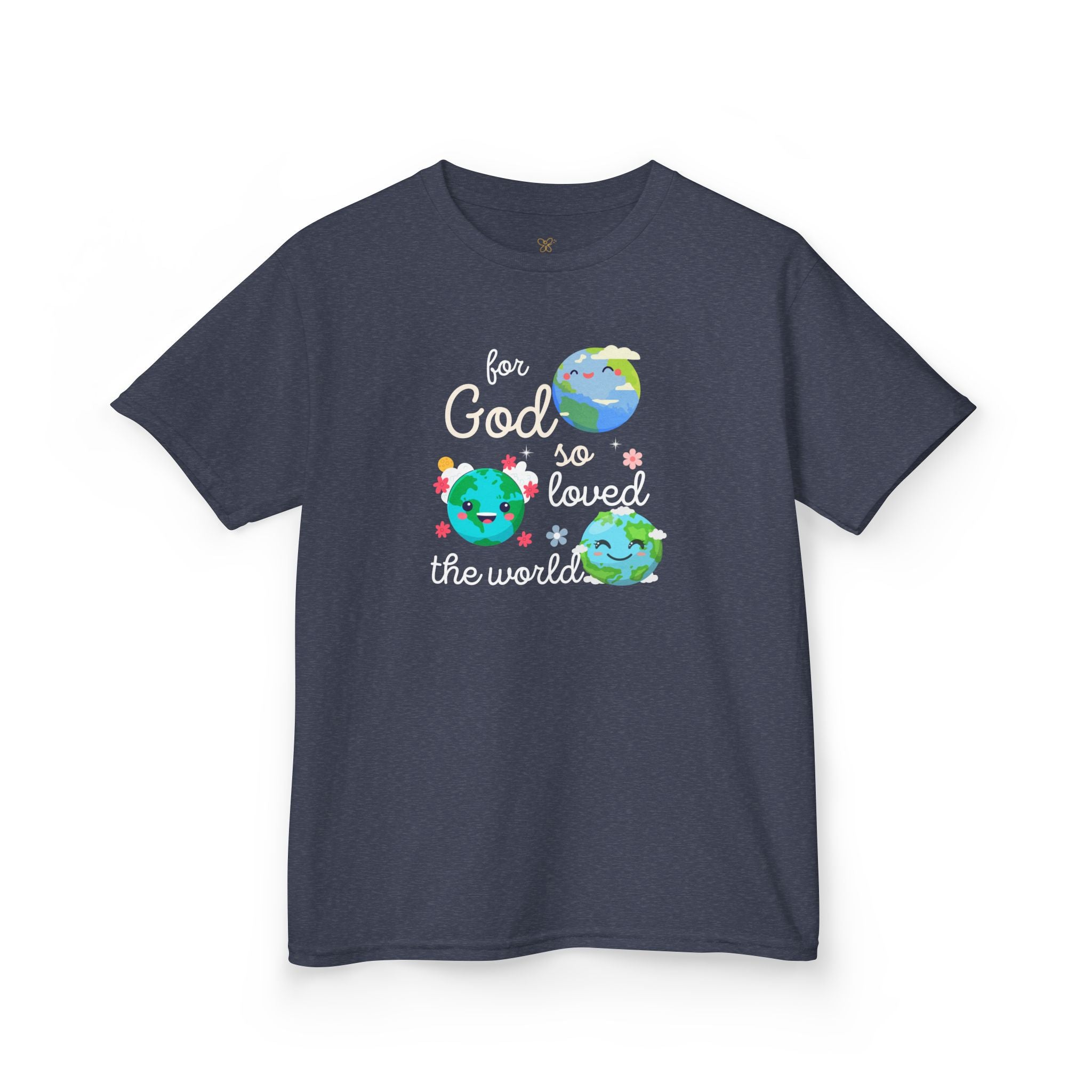 Kids Tee — "For God So Loved the World" Cute Earth Graphic Christian Shirt