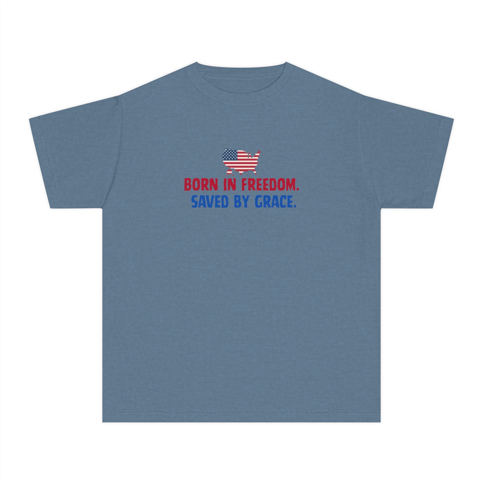 Youth Tee — "Born in freedom, saved by grace" Flag Design