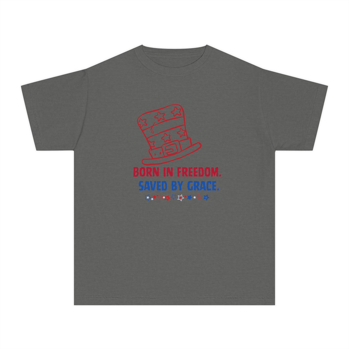 Youth Tee — "Born in Freedom. Saved by Grace." Patriotic Christian Kids T-Shirt