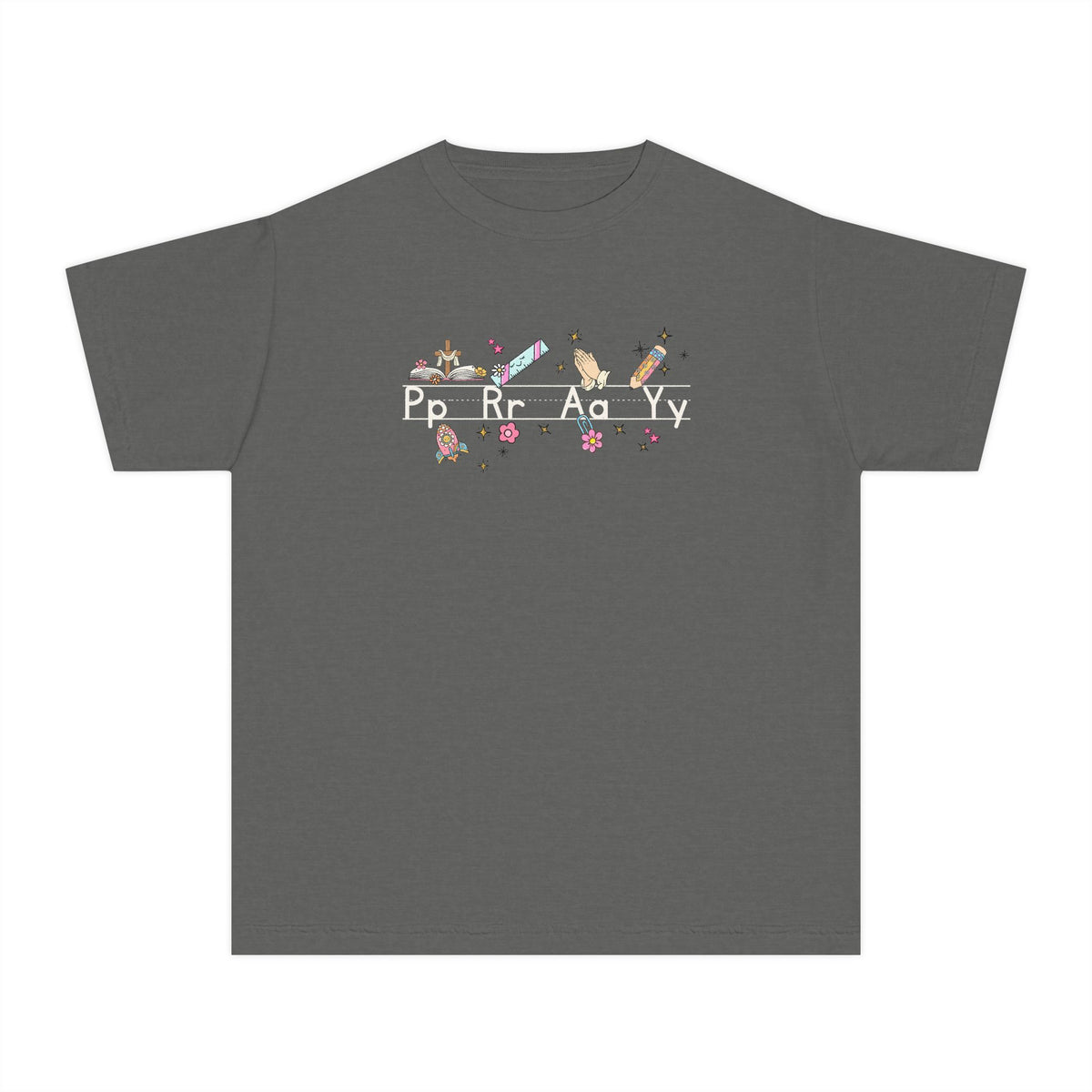 Youth Tee — Cute Floral Alphabet Design (Pp Rr Aa Yy)