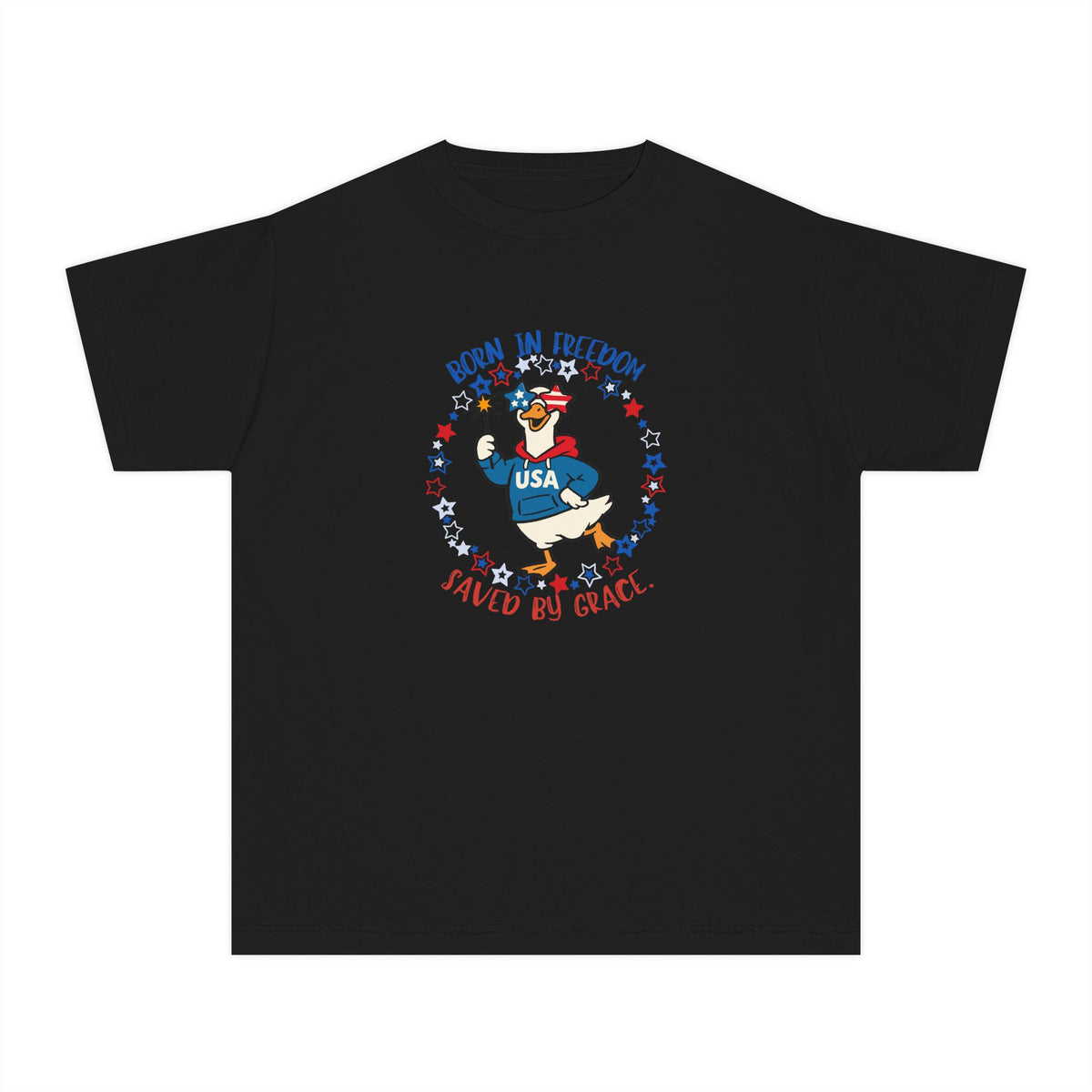 Youth T‑Shirt — "Born in Freedom, Saved by Grace" Patriotic Duck USA Tee
