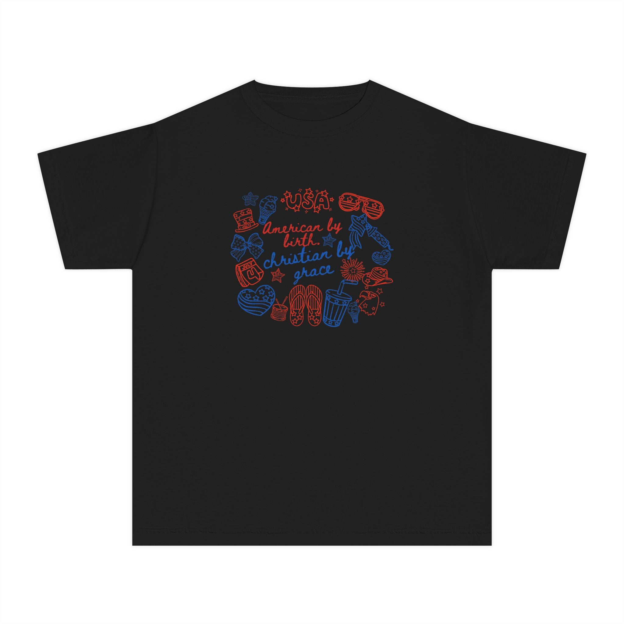 Youth Tee — "American by Birth, Christian by Grace" Illustrated Faith Graphic