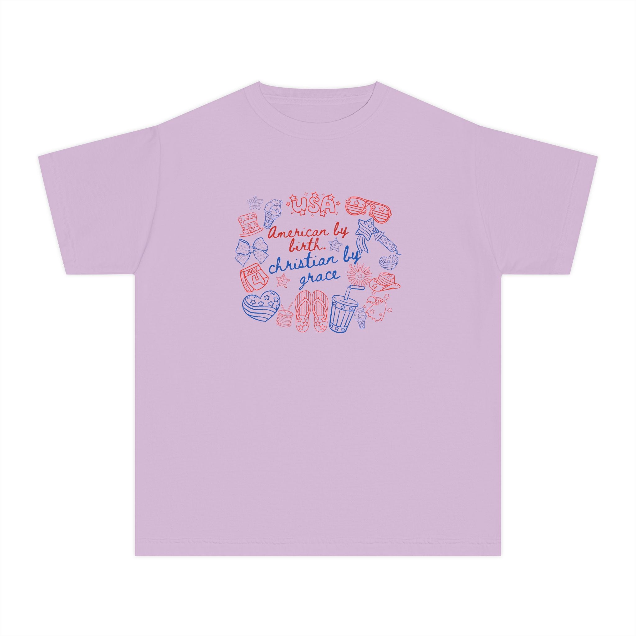 Youth Tee — "American by Birth, Christian by Grace" Illustrated Faith Graphic