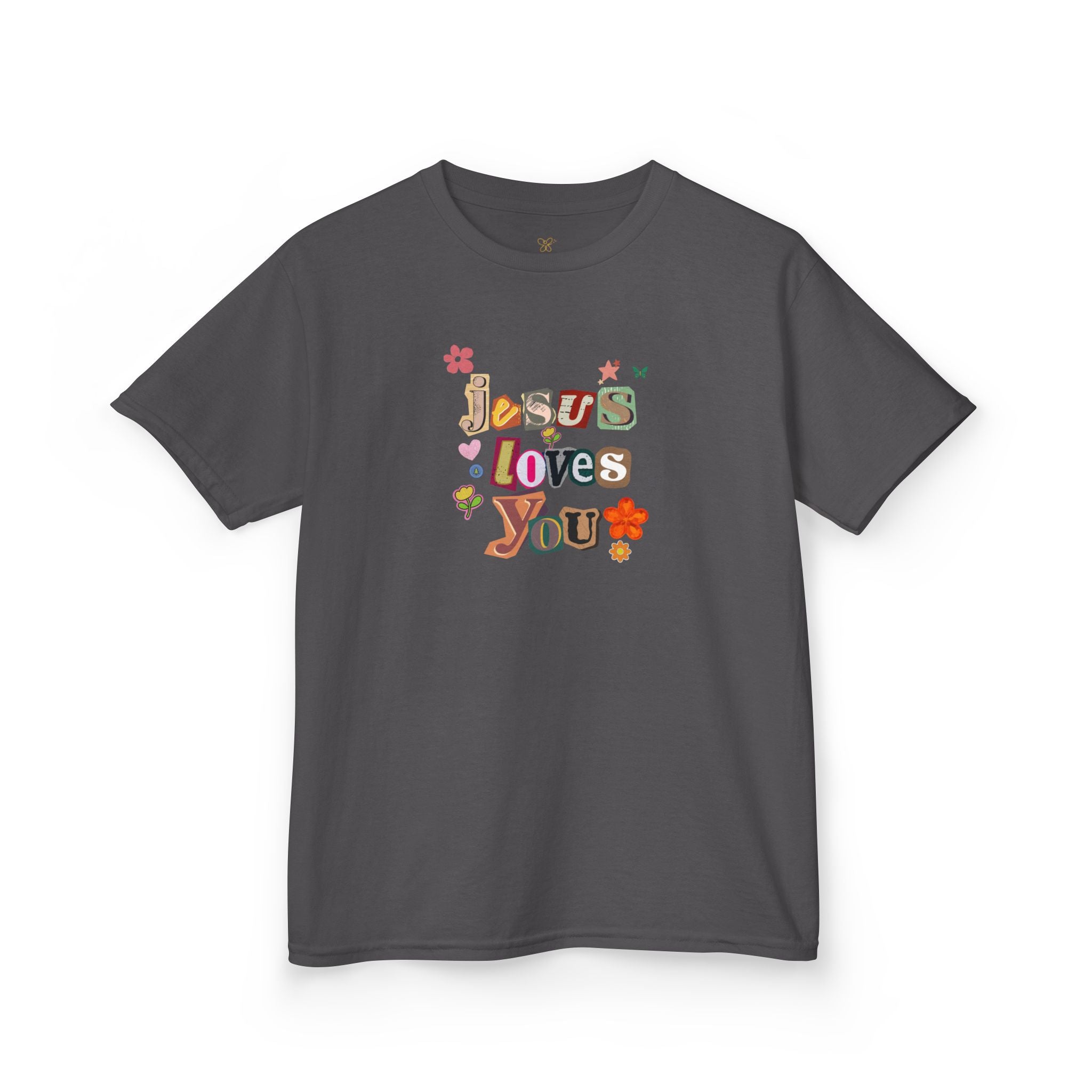 Kids Tee — "Jesus Loves You" Floral Retro Christian Shirt
