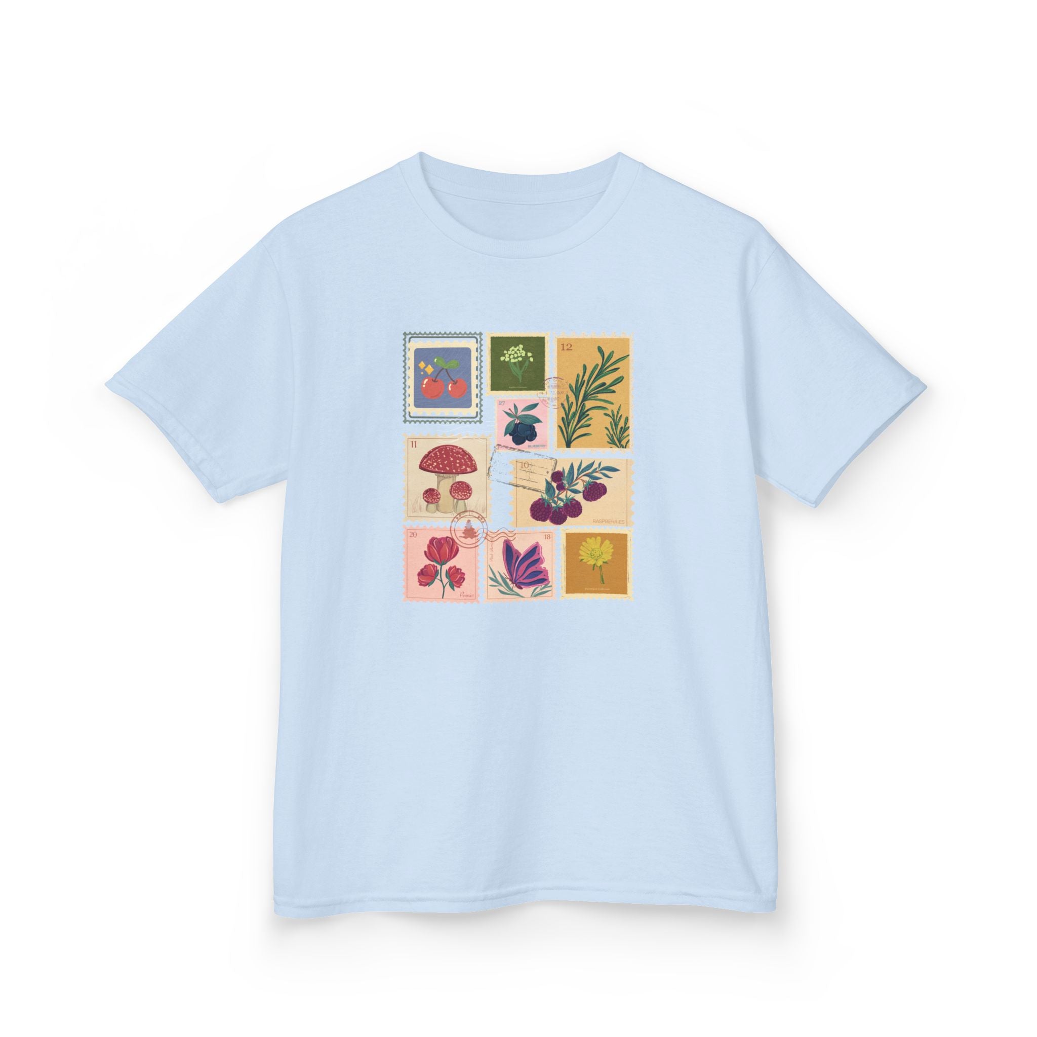 Light blue t-shirt with a colorful graphic on a white background