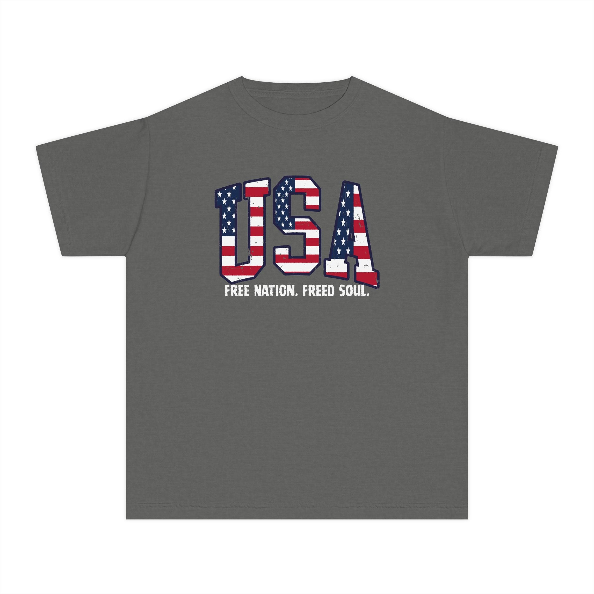 USA Flag Youth Tee - "Free Nation, Freed Soul" Patriotic Kids T-Shirt