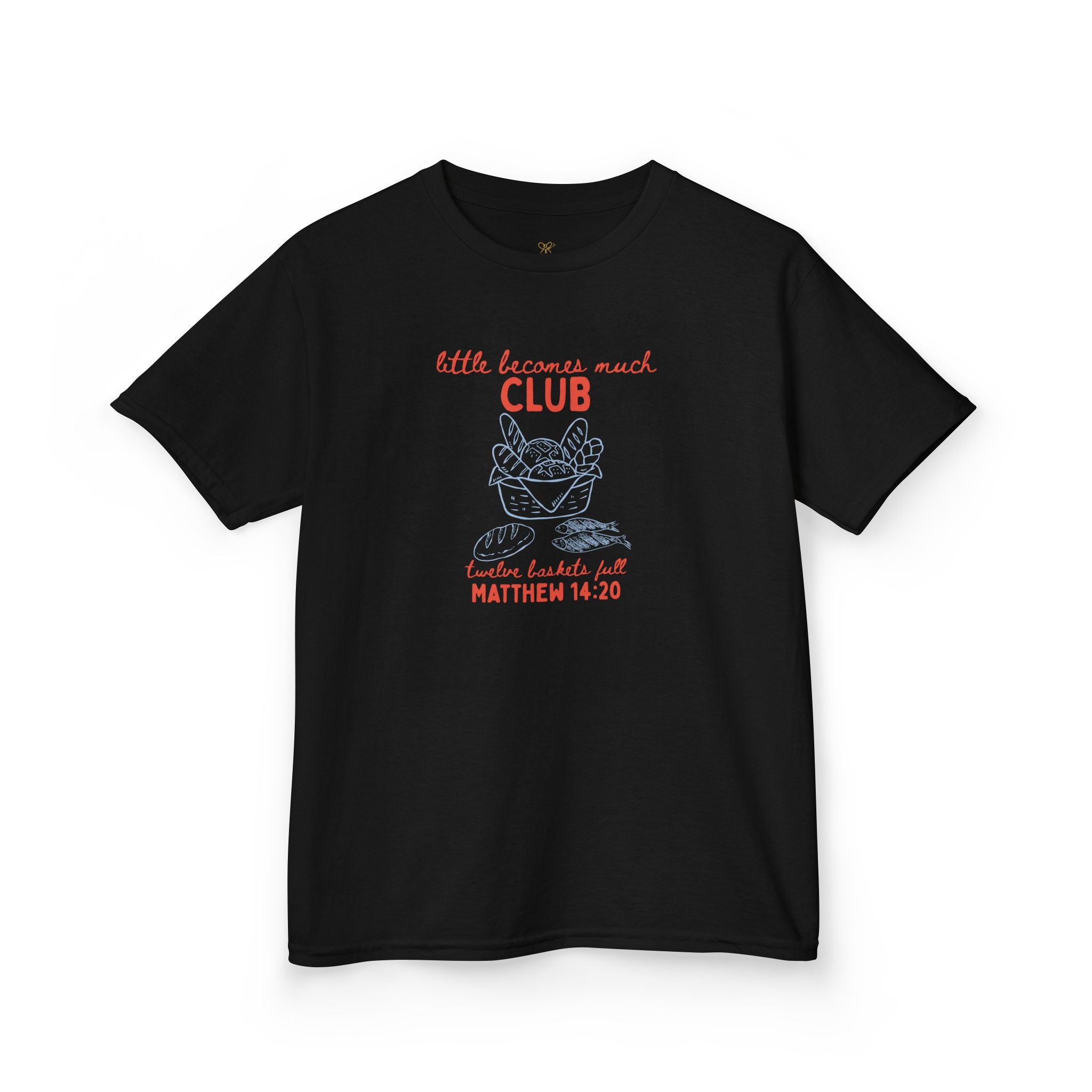 Retro "Little Becomes Much" Kids Christian T-Shirt | 5 Loaves and 2 Fish Miracle