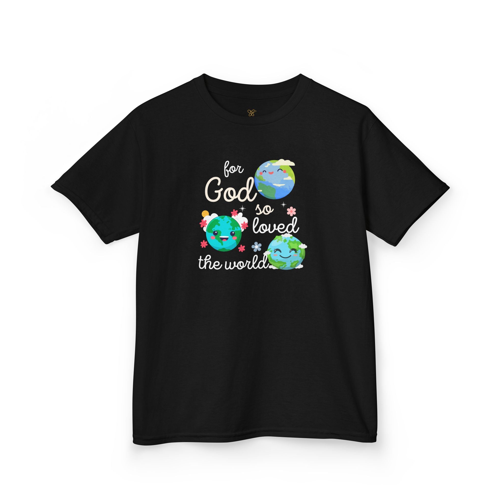 Kids Tee — "For God So Loved the World" Cute Earth Graphic Christian Shirt