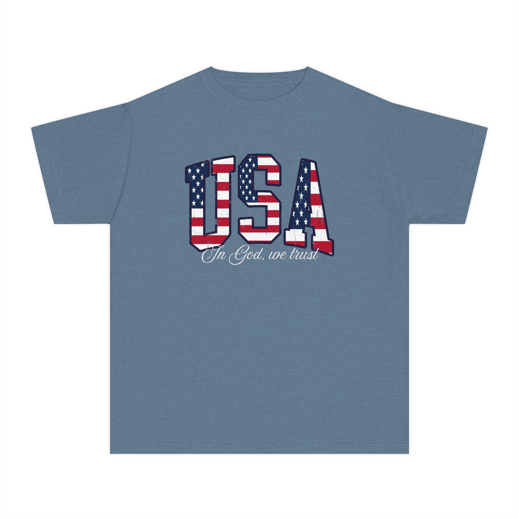 Youth Tee — USA Flag Graphic "In God We Trust" Patriotic Shirt