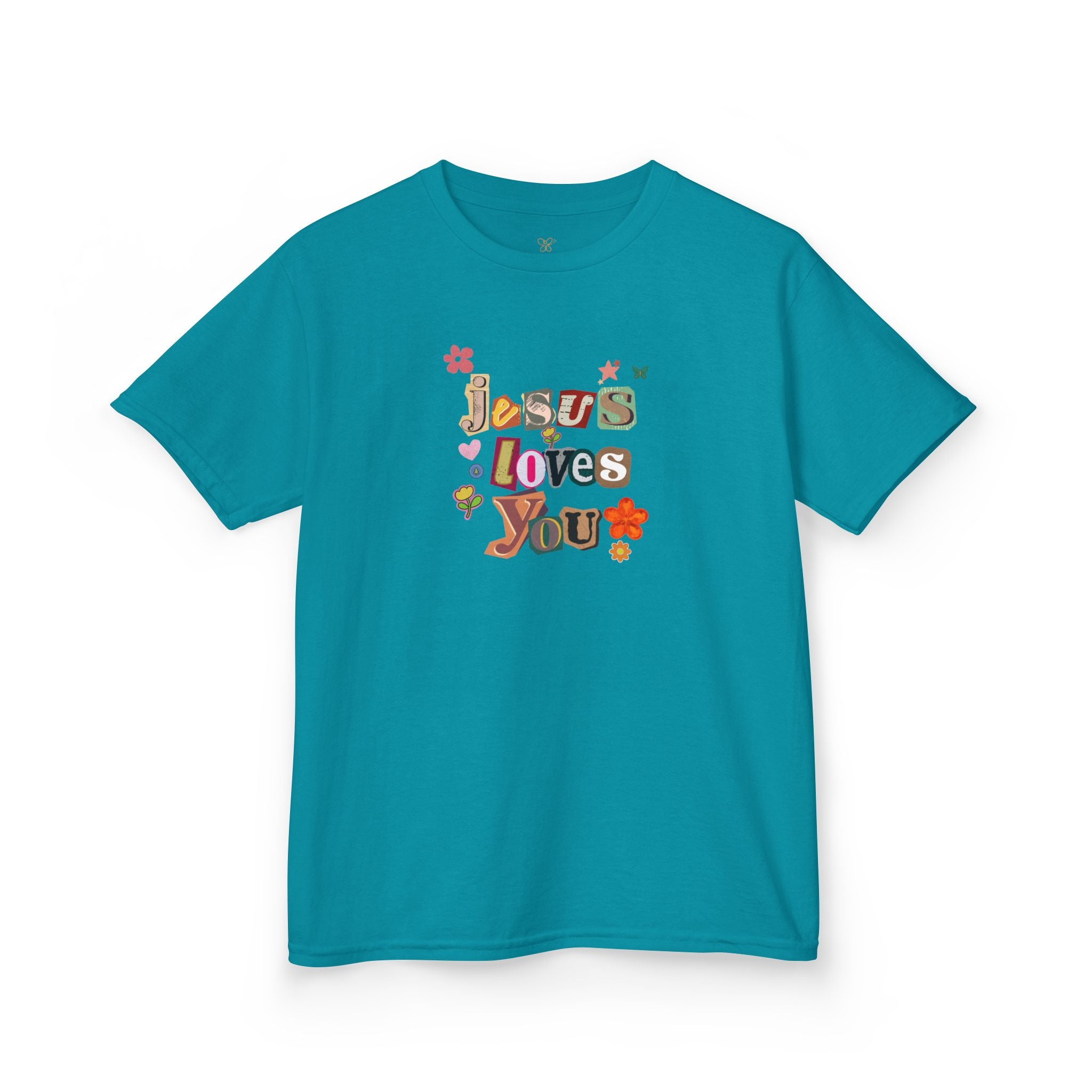 Kids Tee — "Jesus Loves You" Floral Retro Christian Shirt
