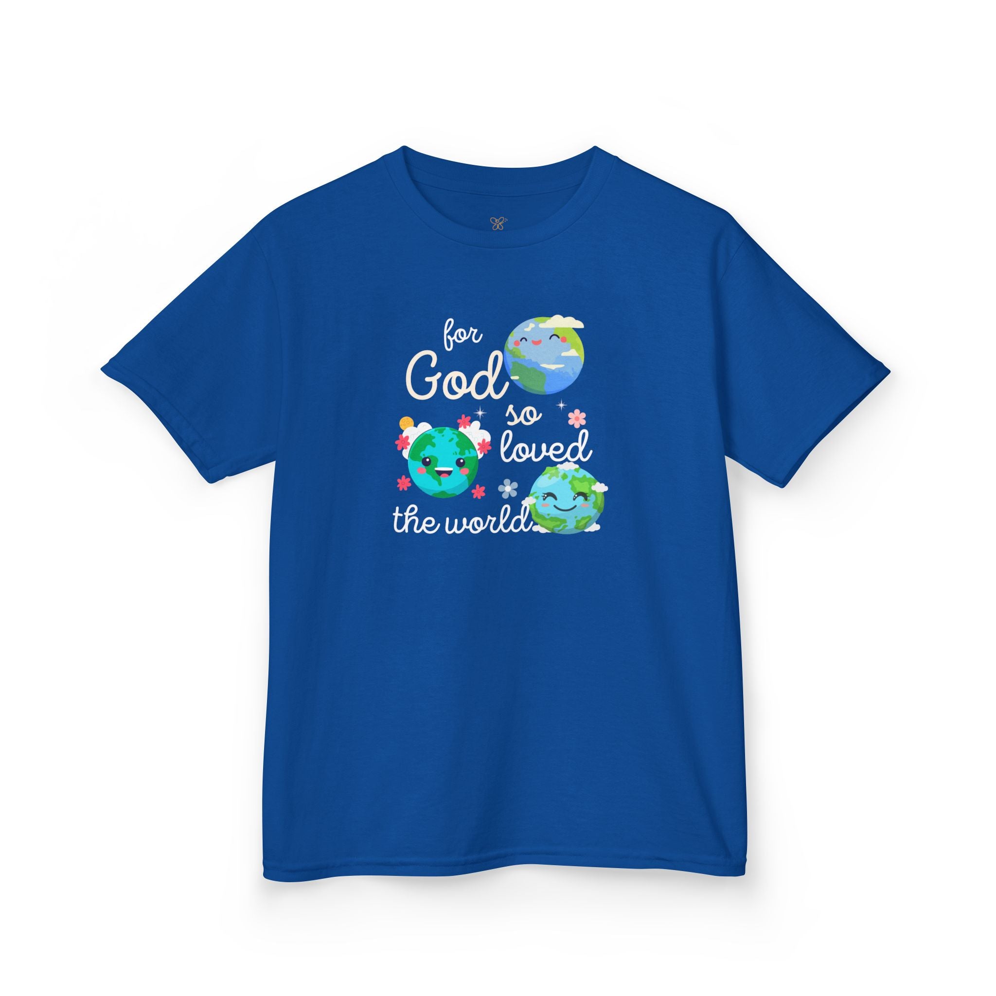 Kids Tee — "For God So Loved the World" Cute Earth Graphic Christian Shirt