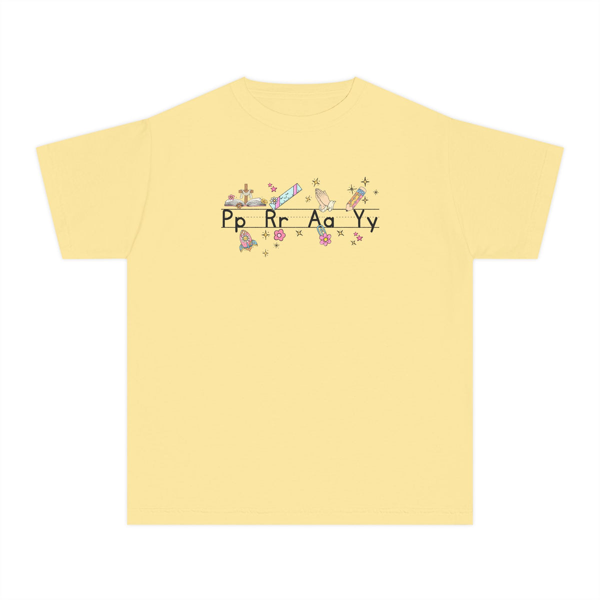Youth Tee — Cute Floral Alphabet Design (Pp Rr Aa Yy)