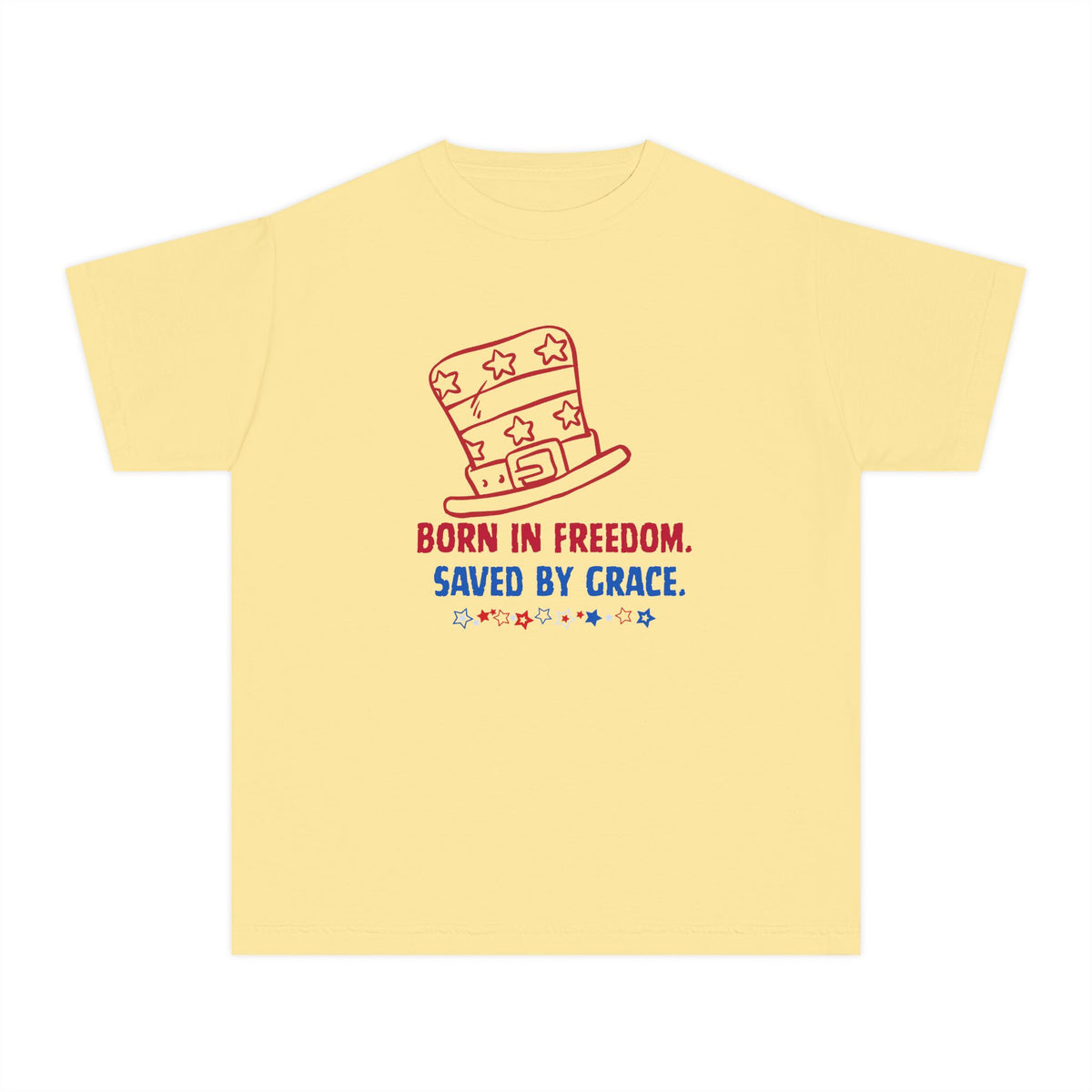 Youth Tee — "Born in Freedom. Saved by Grace." Patriotic Christian Kids T-Shirt