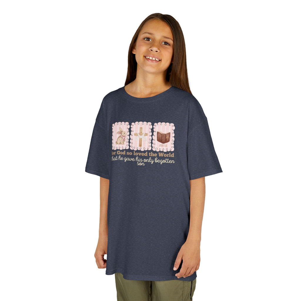Kids Tee — 'For God So Loved the World' Cute Animal Cross Design