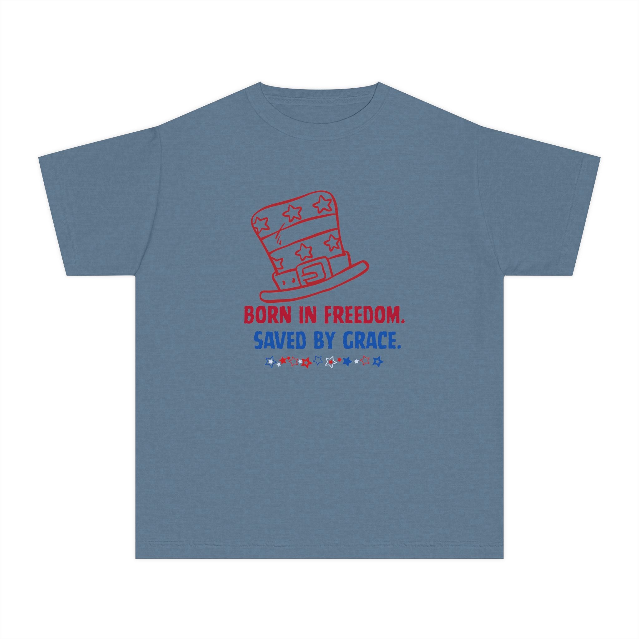 Youth Tee — "Born in Freedom. Saved by Grace." Patriotic Christian Kids T-Shirt