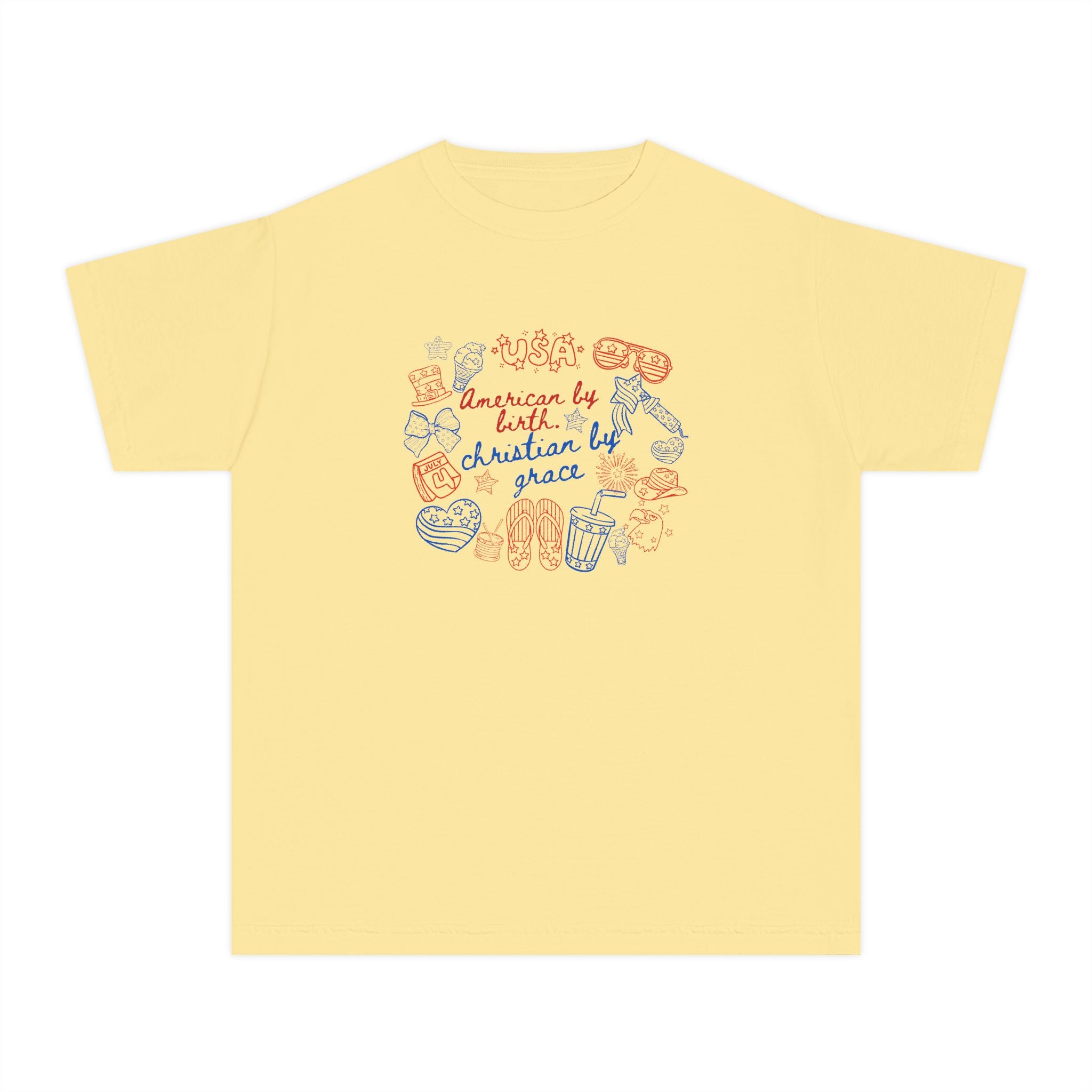 Youth Tee — "American by Birth, Christian by Grace" Illustrated Faith Graphic