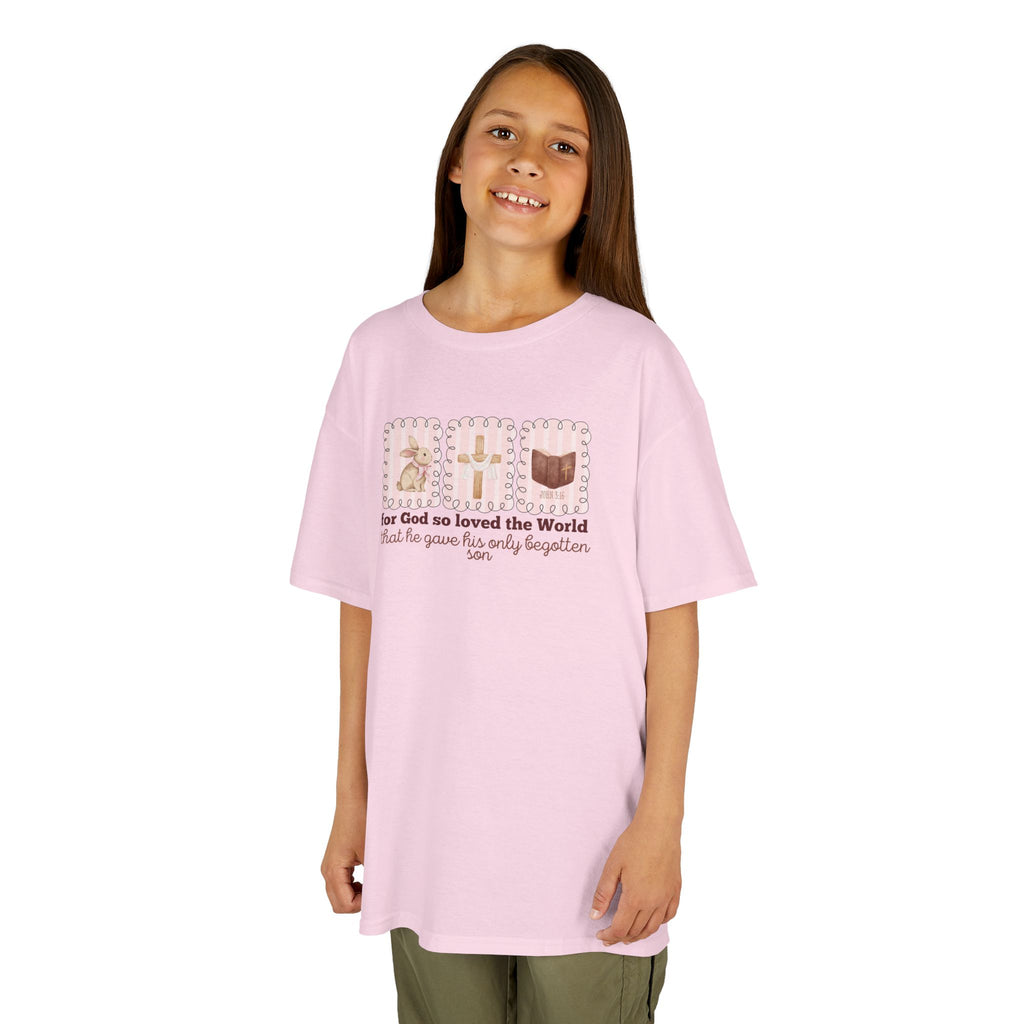 Kids Tee — 'For God So Loved the World' Cute Animal Cross Design