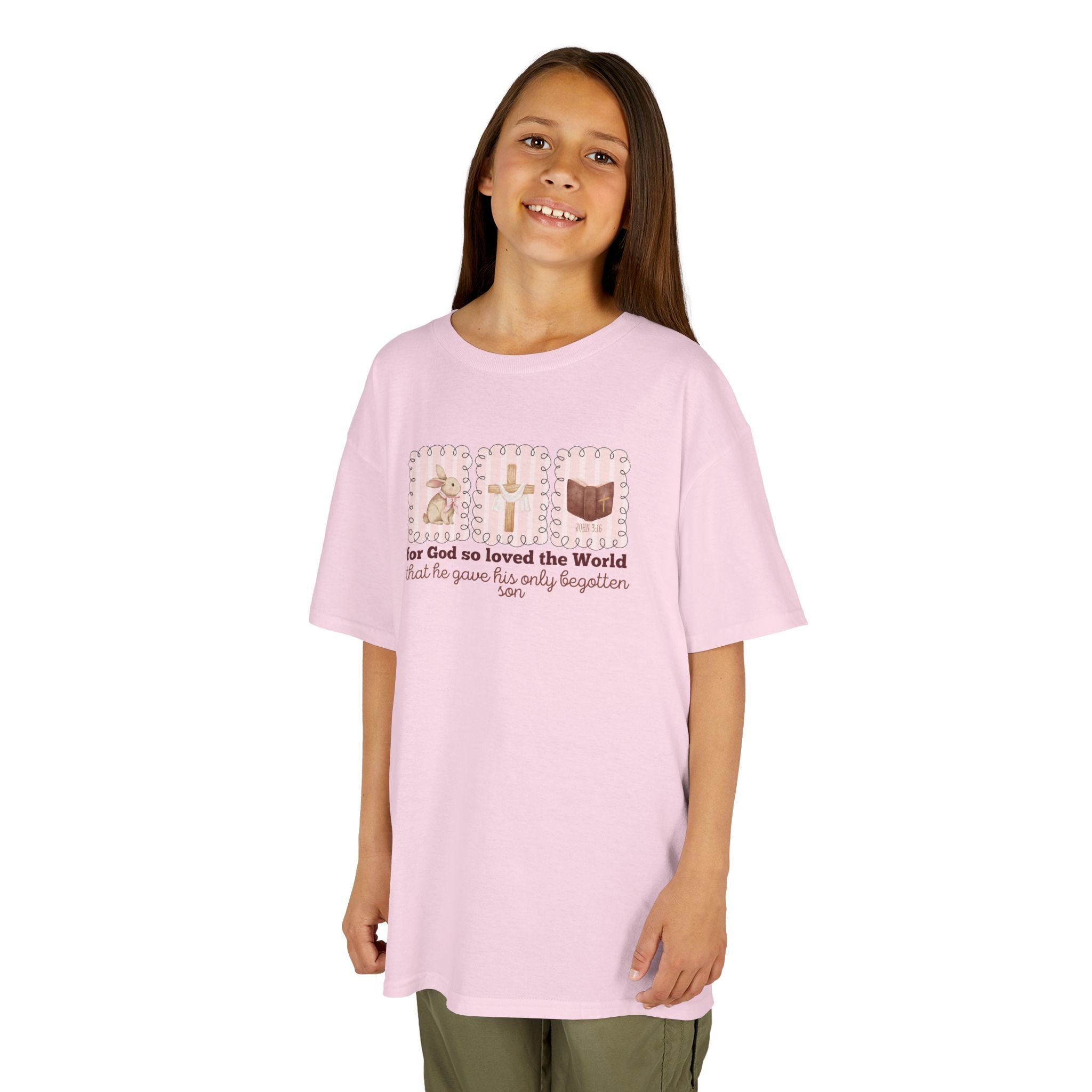 Kids Tee — 'For God So Loved the World' Cute Animal Cross Design