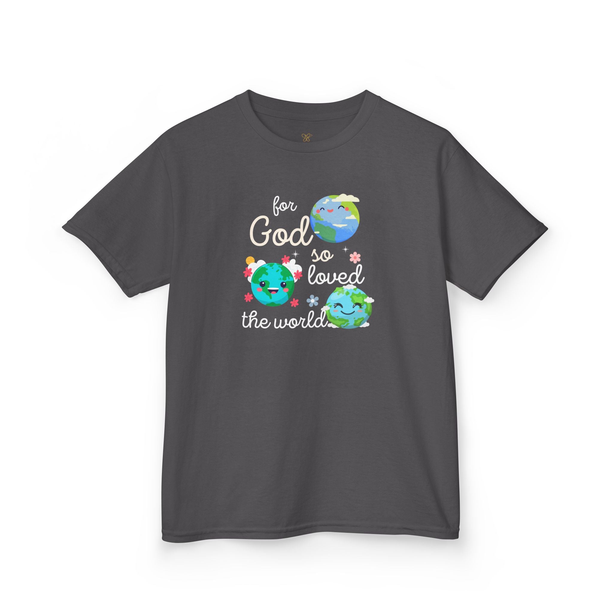 Kids Tee — "For God So Loved the World" Cute Earth Graphic Christian Shirt