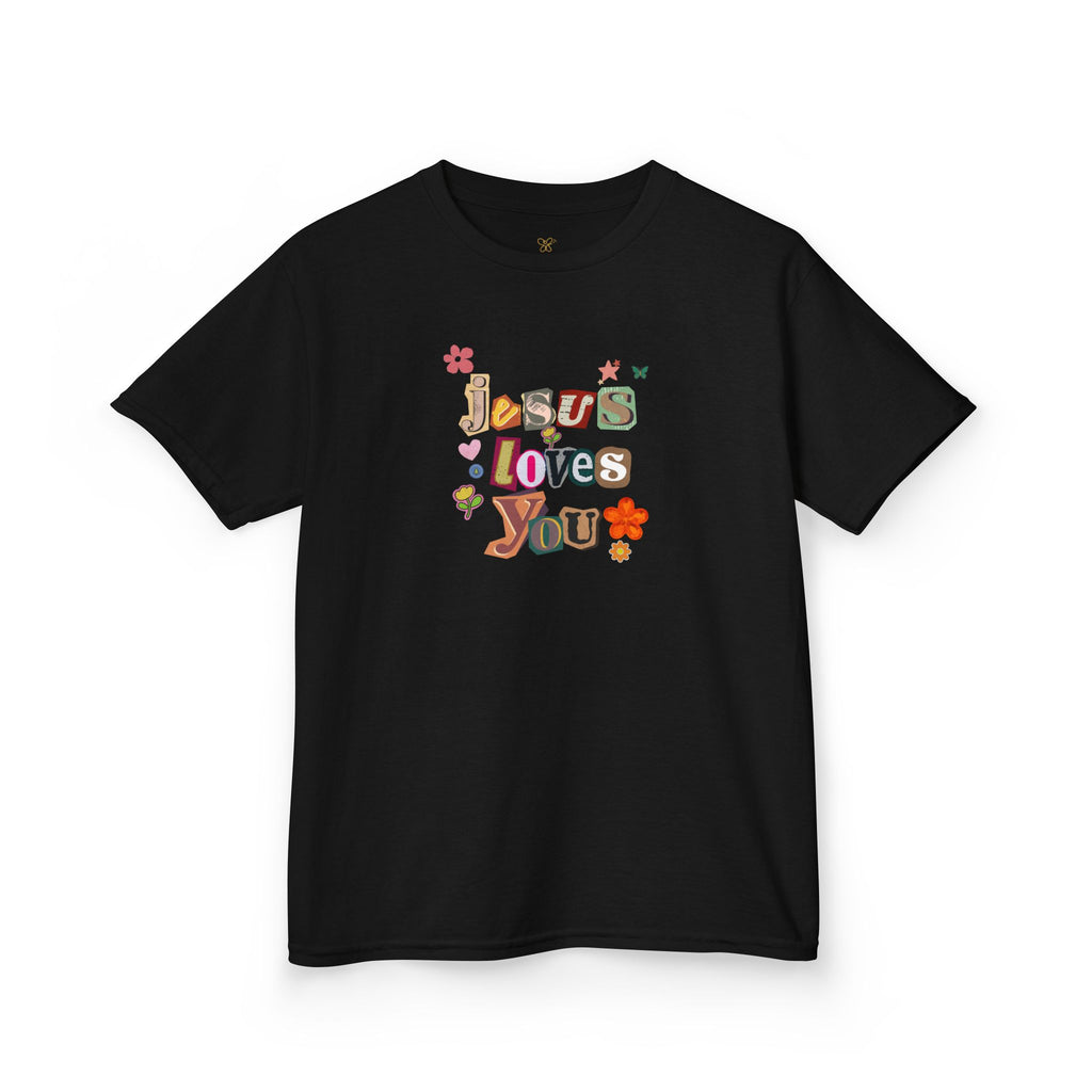 Kids Tee — "Jesus Loves You" Floral Retro Christian Shirt