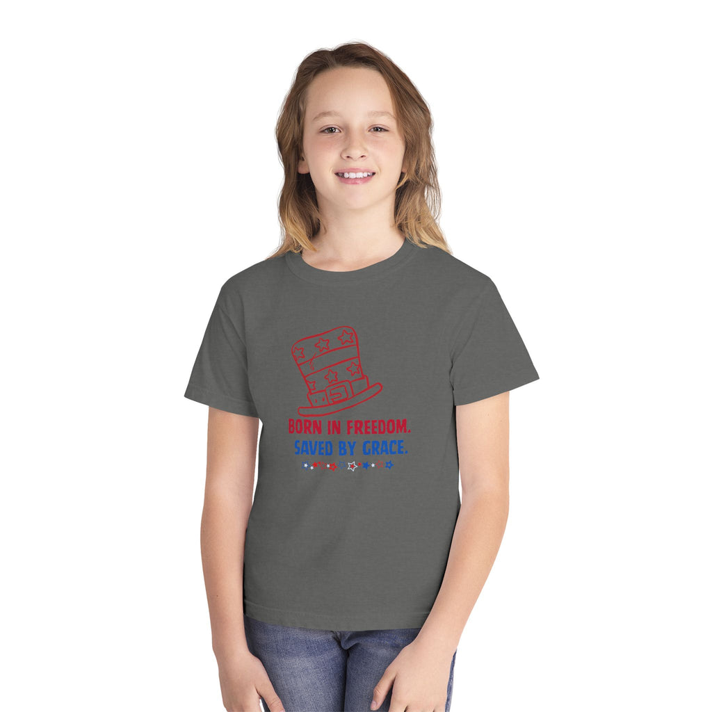 Youth Tee — "Born in Freedom. Saved by Grace." Patriotic Christian Kids T-Shirt