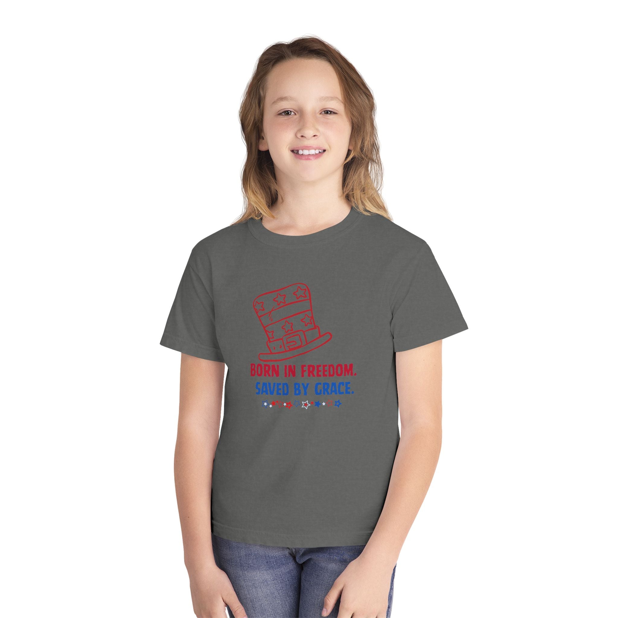 Youth Tee — "Born in Freedom. Saved by Grace." Patriotic Christian Kids T-Shirt