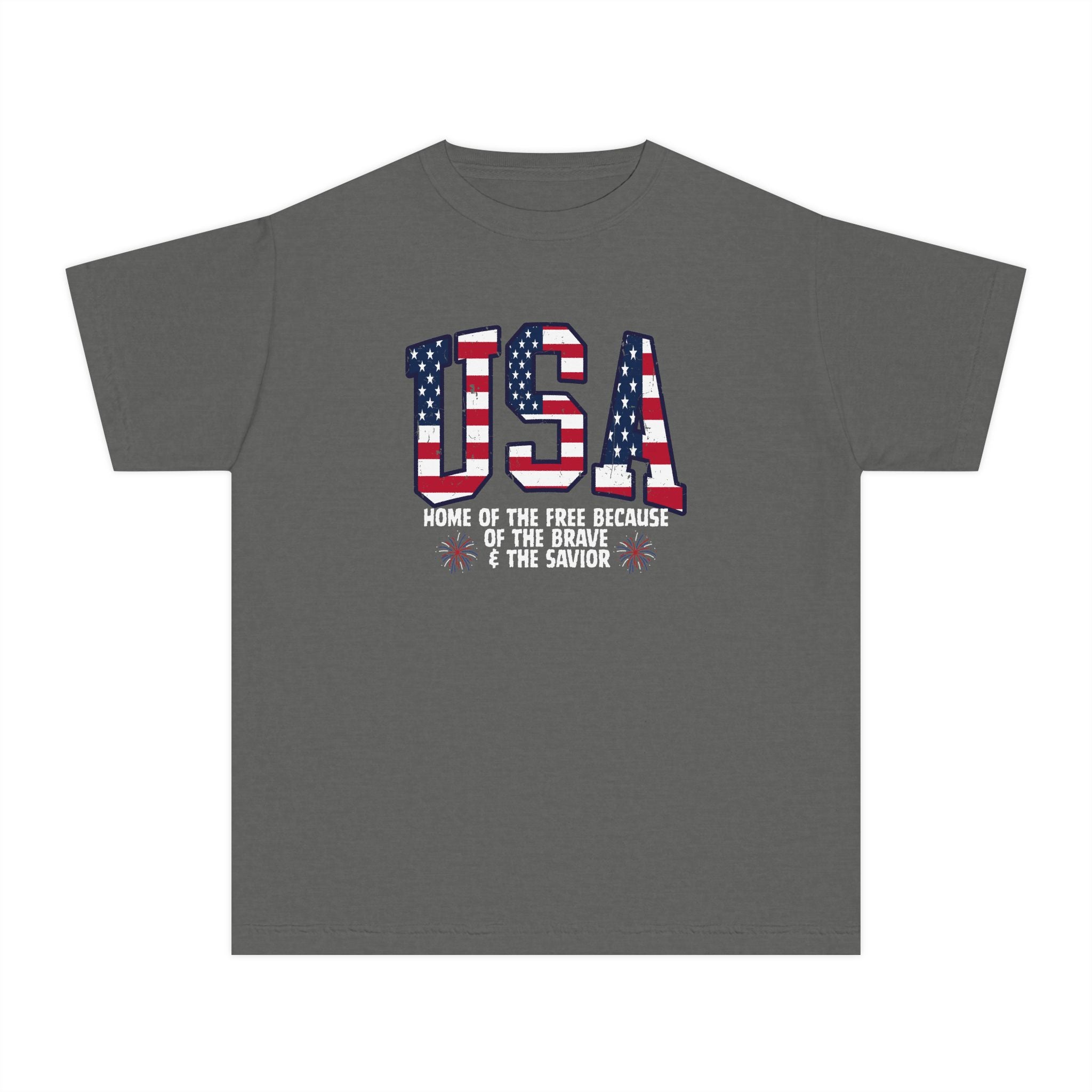Youth USA Patriotic Tee — "Home of the Free Because of the Brave & the Savior"