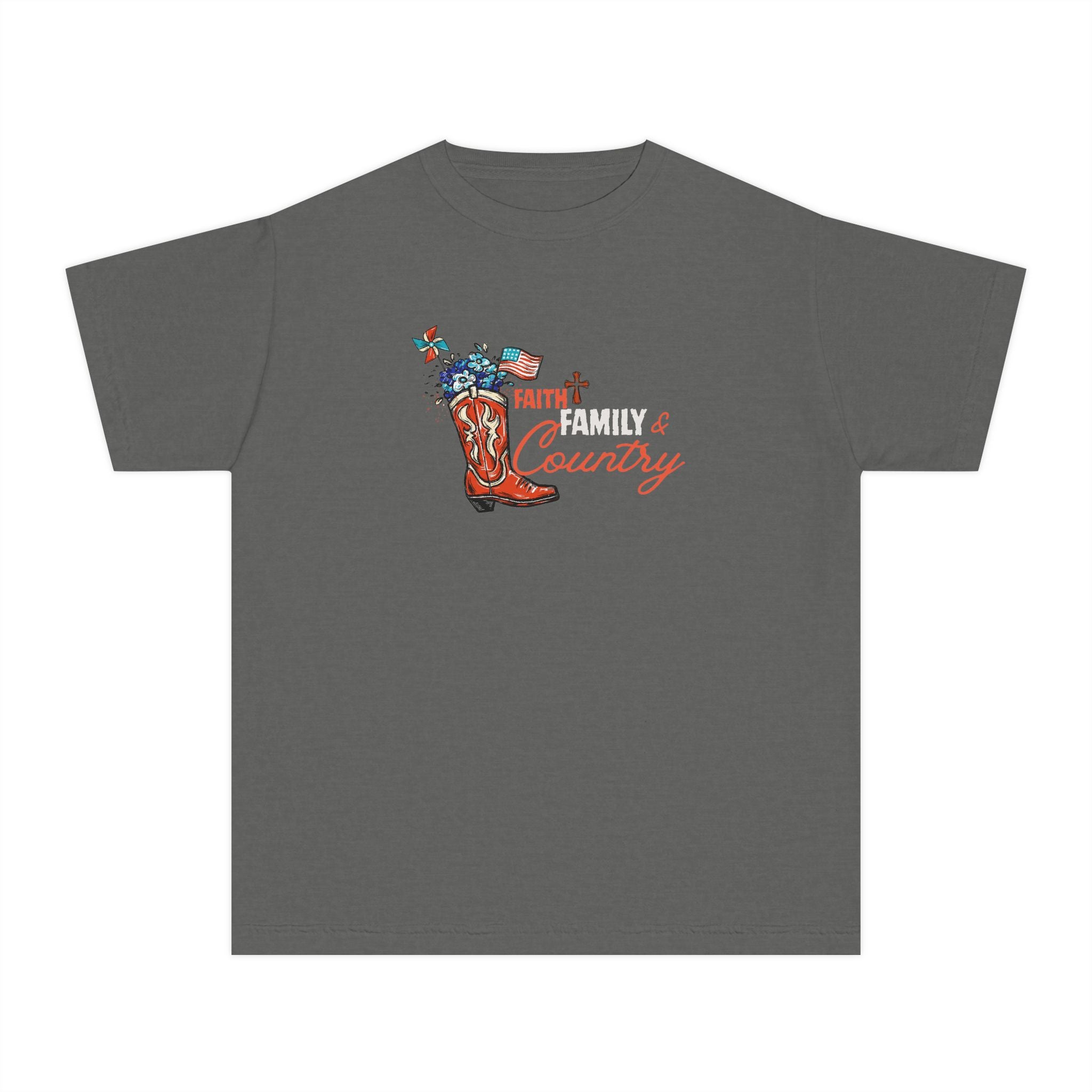 Youth Tee - 'Family & Country' Patriotic Cowboy Boots Graphic