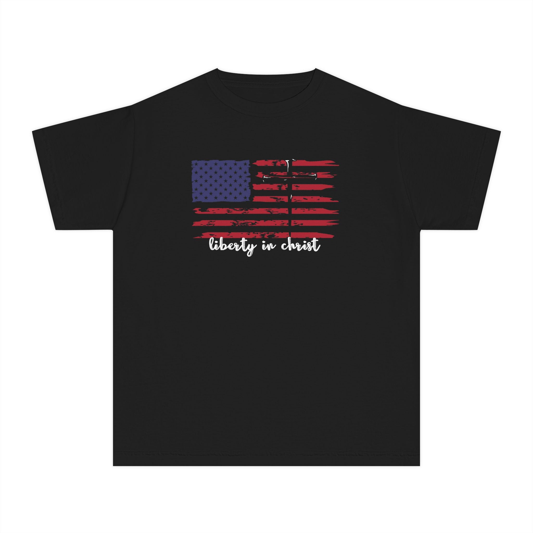 Youth Tee — Distressed American Flag "Liberty in Christ" Patriotic Christian Shirt