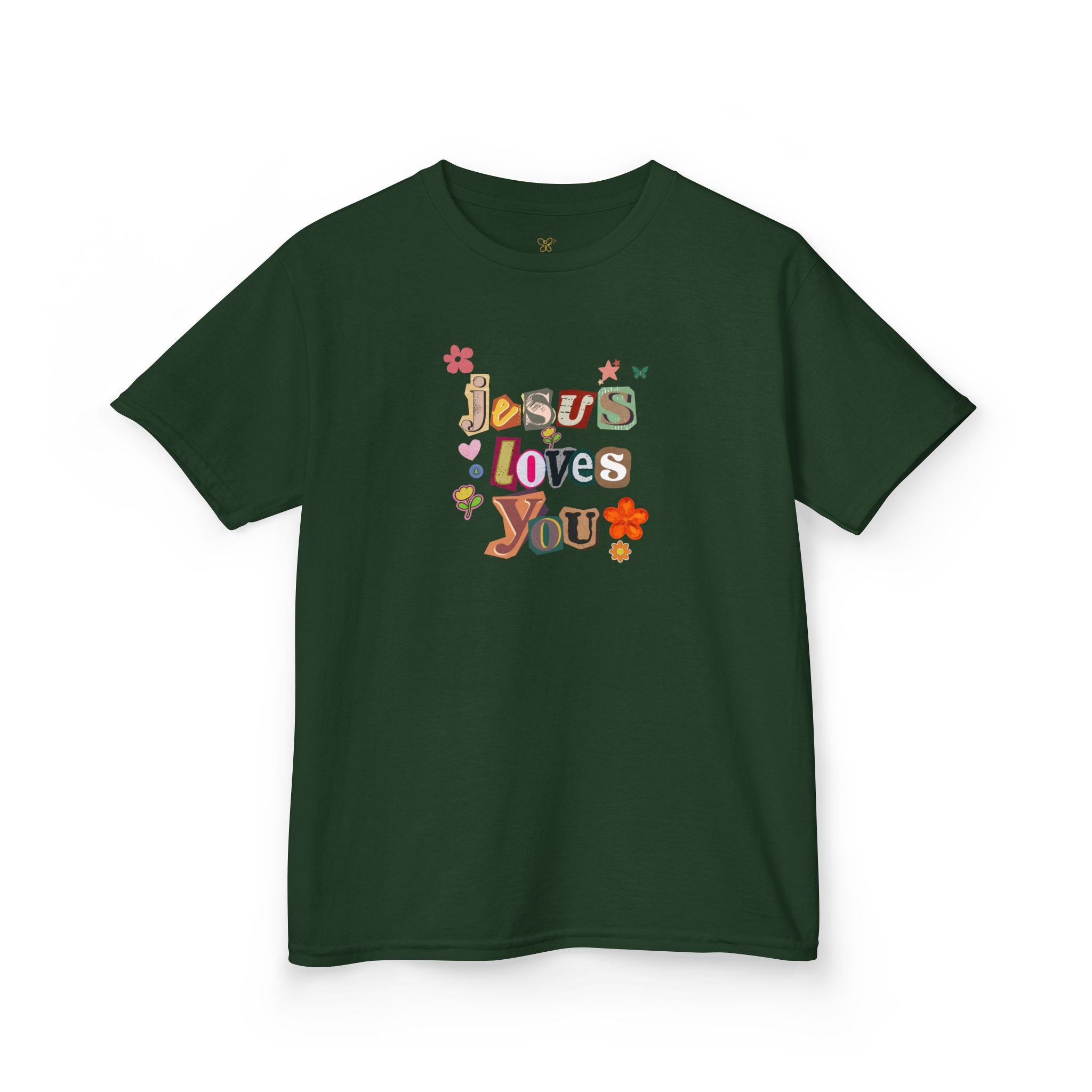 Kids Tee — "Jesus Loves You" Floral Retro Christian Shirt