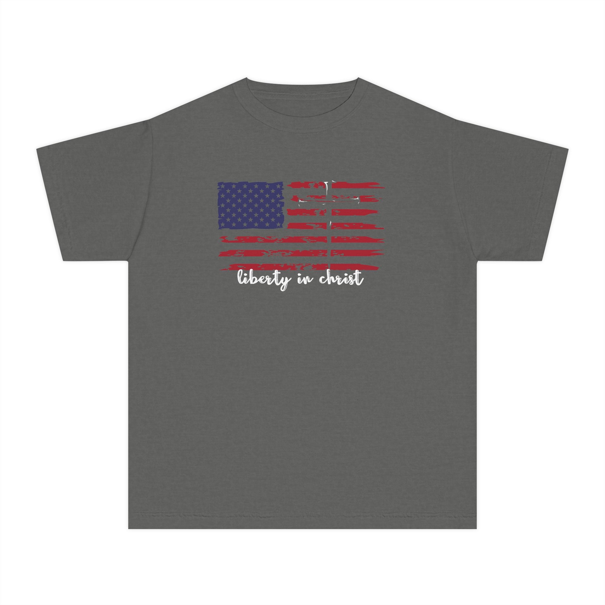 Youth Tee — Distressed American Flag "Liberty in Christ" Patriotic Christian Shirt