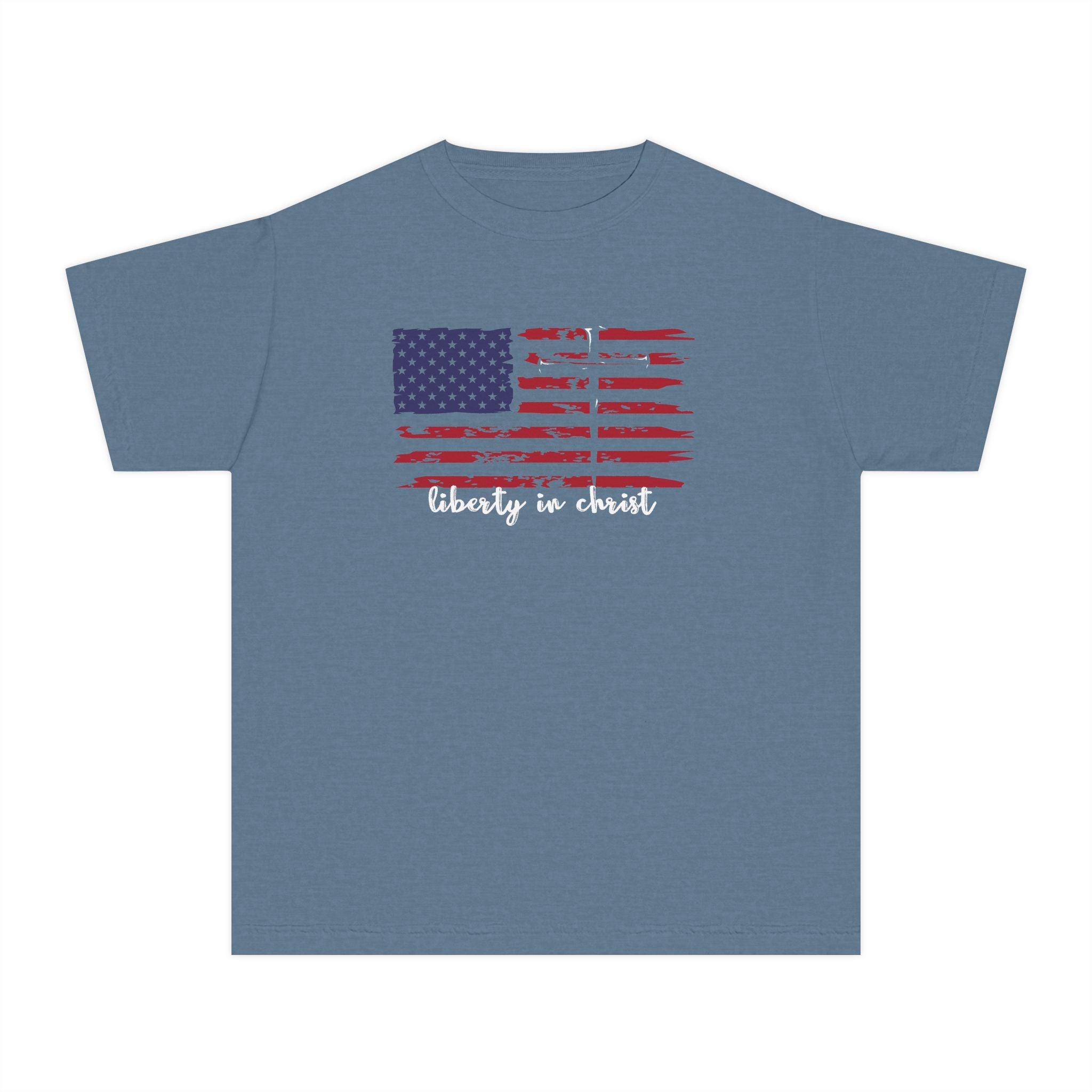 Youth Tee — Distressed American Flag "Liberty in Christ" Patriotic Christian Shirt