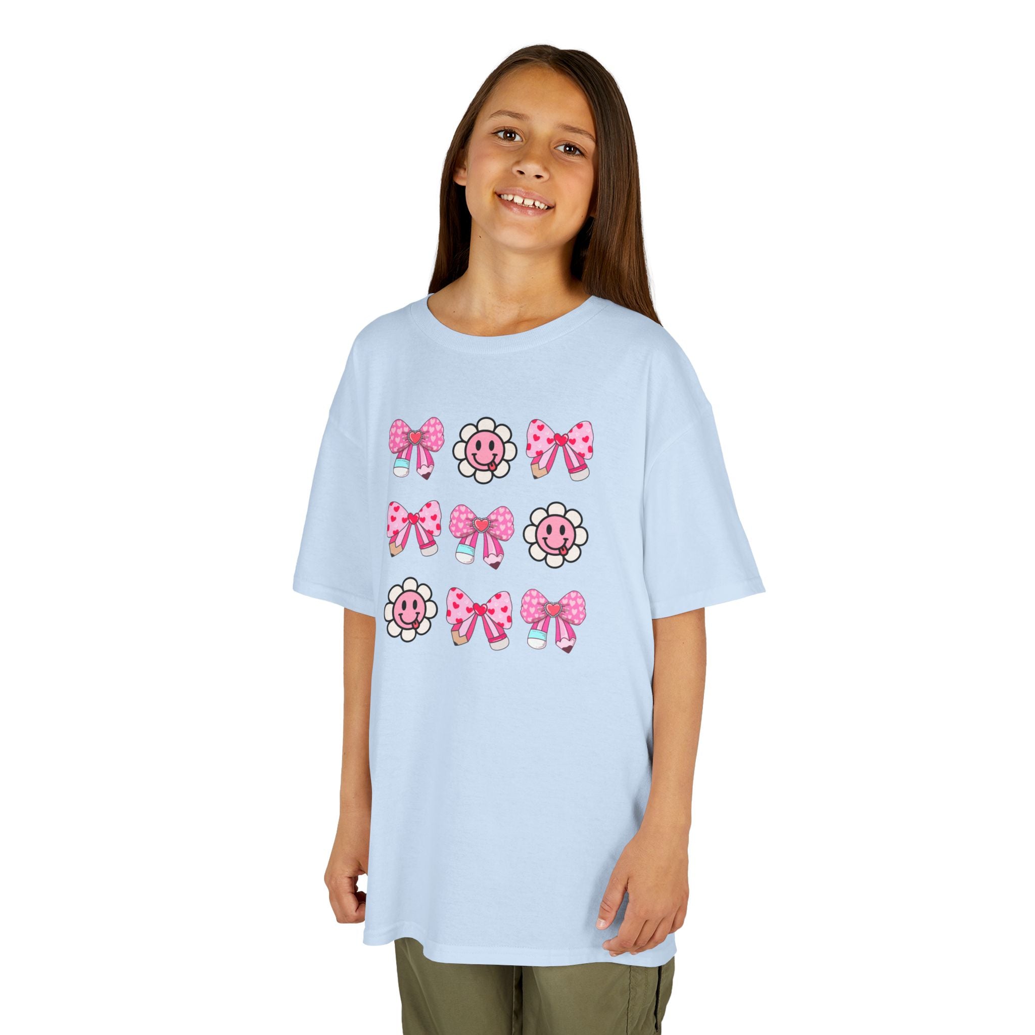 Kids Tee — Pink Bow & Smiling Flower Pattern Cute Graphic Shirt