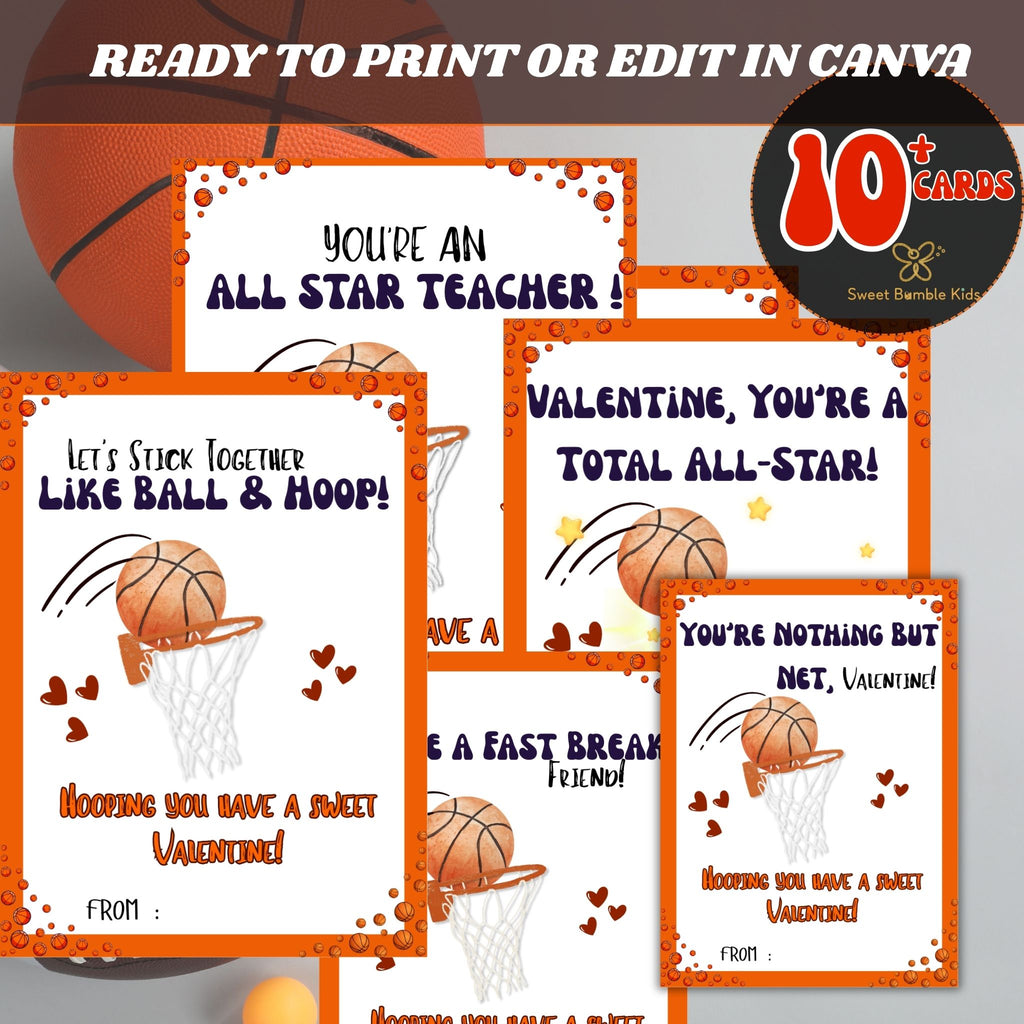 Printable Basketball Valentine Cards, Kids Classroom Valentines Day Card