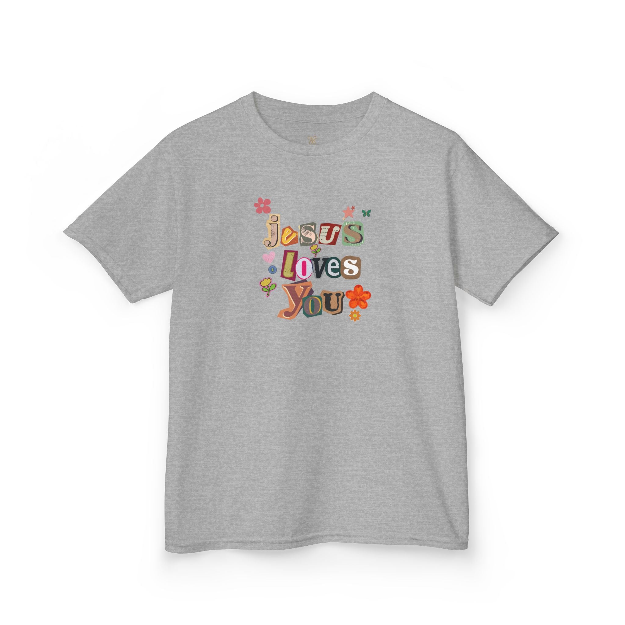 Kids Tee — "Jesus Loves You" Floral Retro Christian Shirt