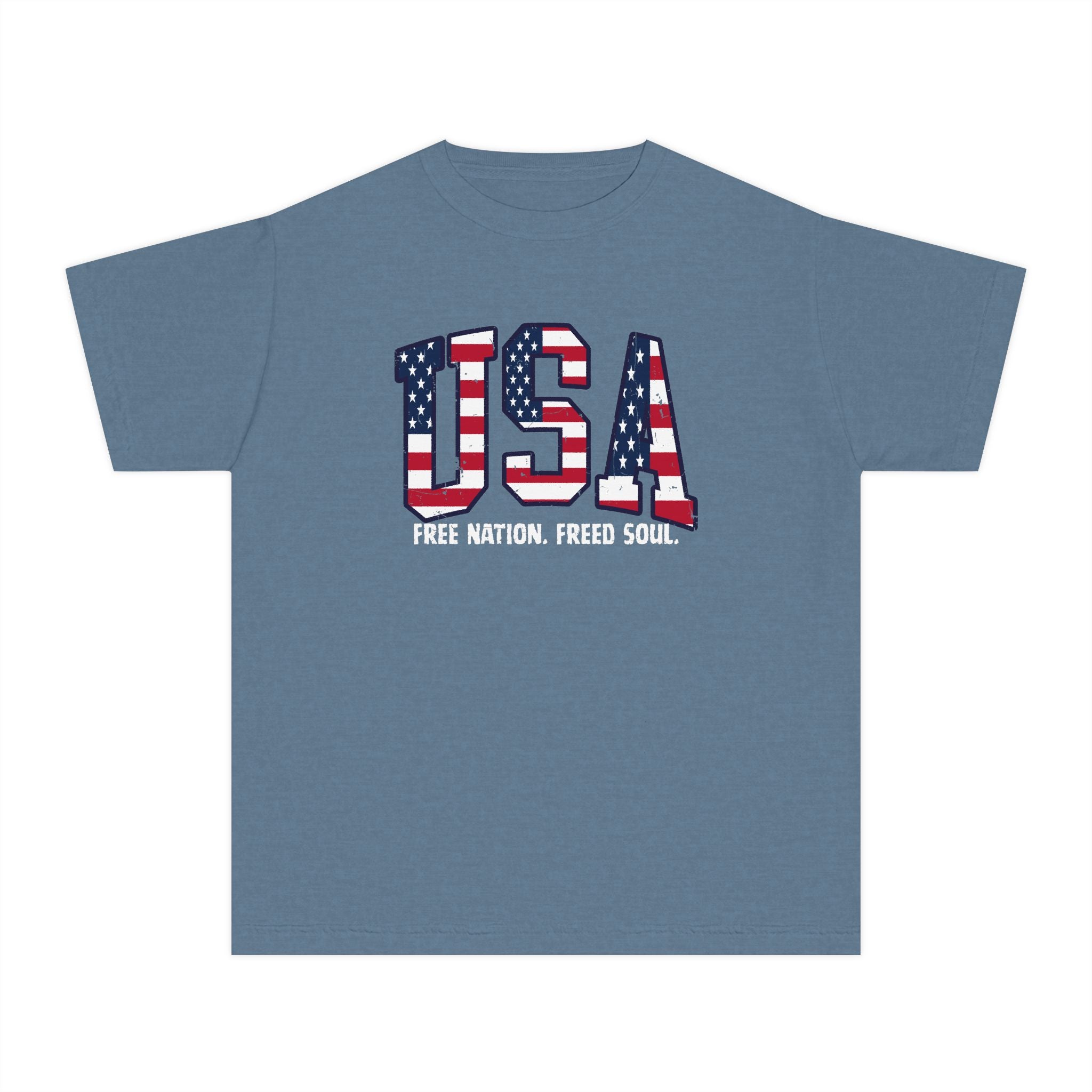 USA Flag Youth Tee - "Free Nation, Freed Soul" Patriotic Kids T-Shirt