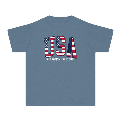 USA Flag Youth Tee - "Free Nation, Freed Soul" Patriotic Kids T-Shirt