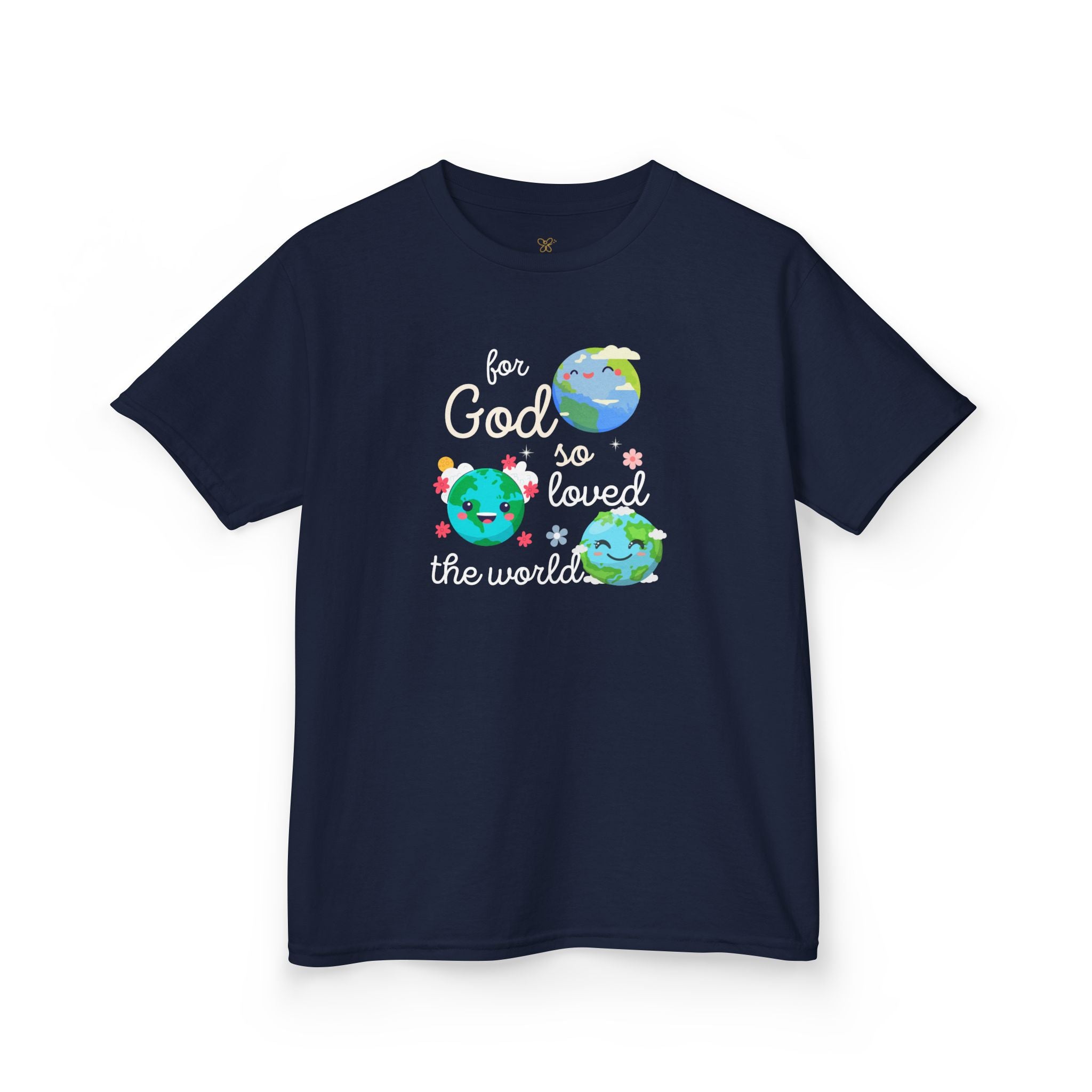 Kids Tee — "For God So Loved the World" Cute Earth Graphic Christian Shirt
