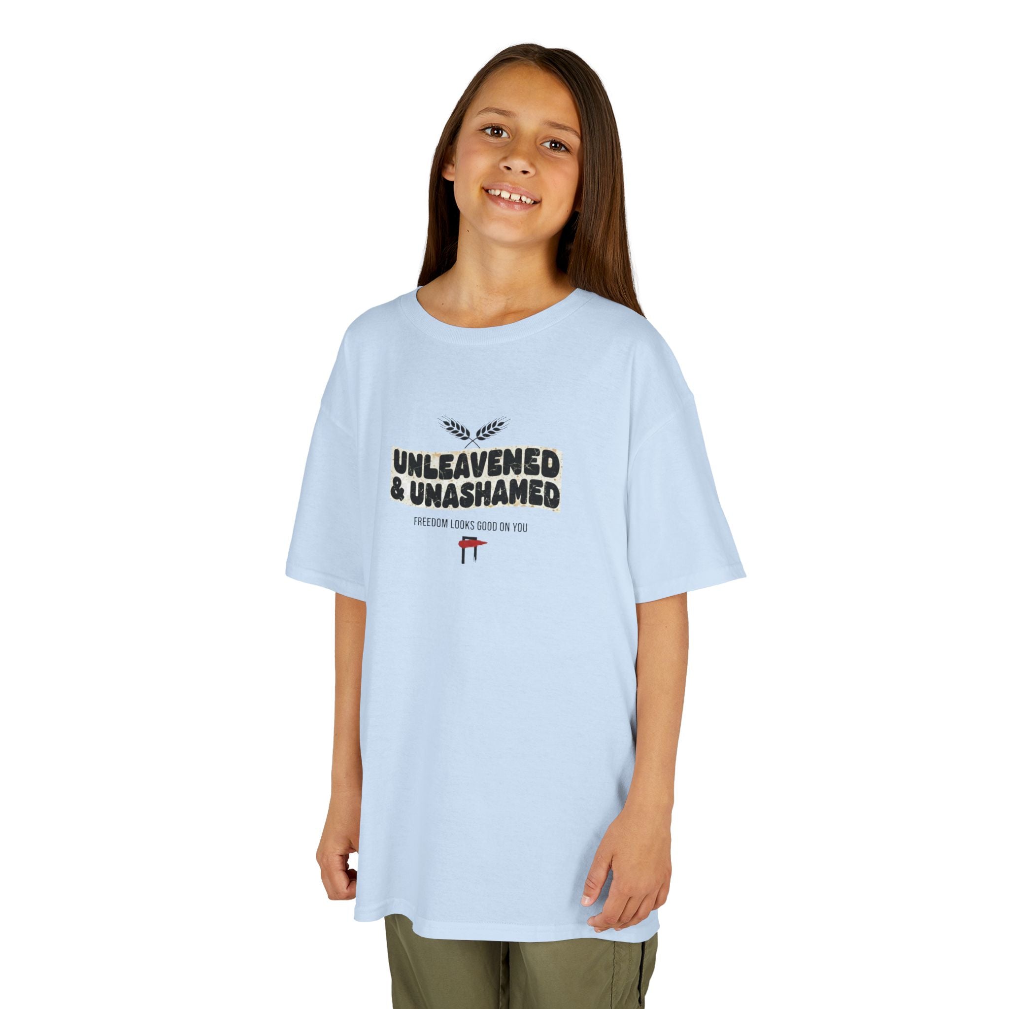 Kids T‑Shirt — "Unleavened & Unashamed" Funny Bible Easter Tee for Kids
