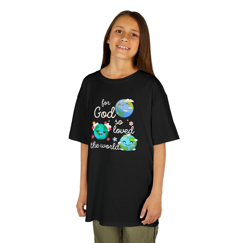 Kids Tee — "For God So Loved the World" Cute Earth Graphic Christian Shirt