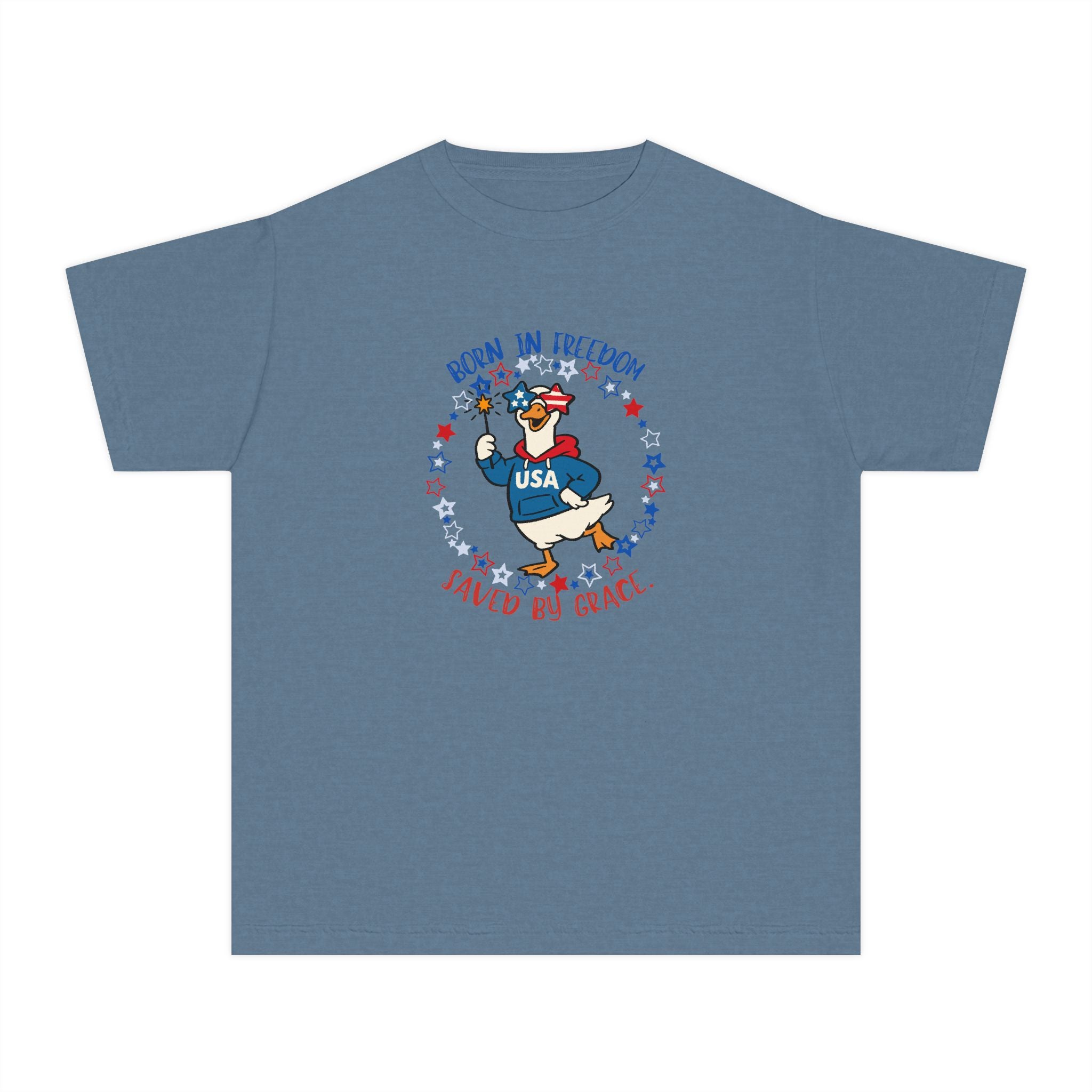 Youth T‑Shirt — "Born in Freedom, Saved by Grace" Patriotic Duck USA Tee