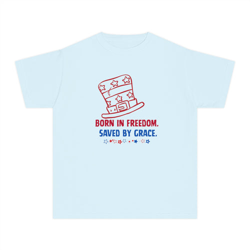 Youth Tee — "Born in Freedom. Saved by Grace." Patriotic Christian Kids T-Shirt