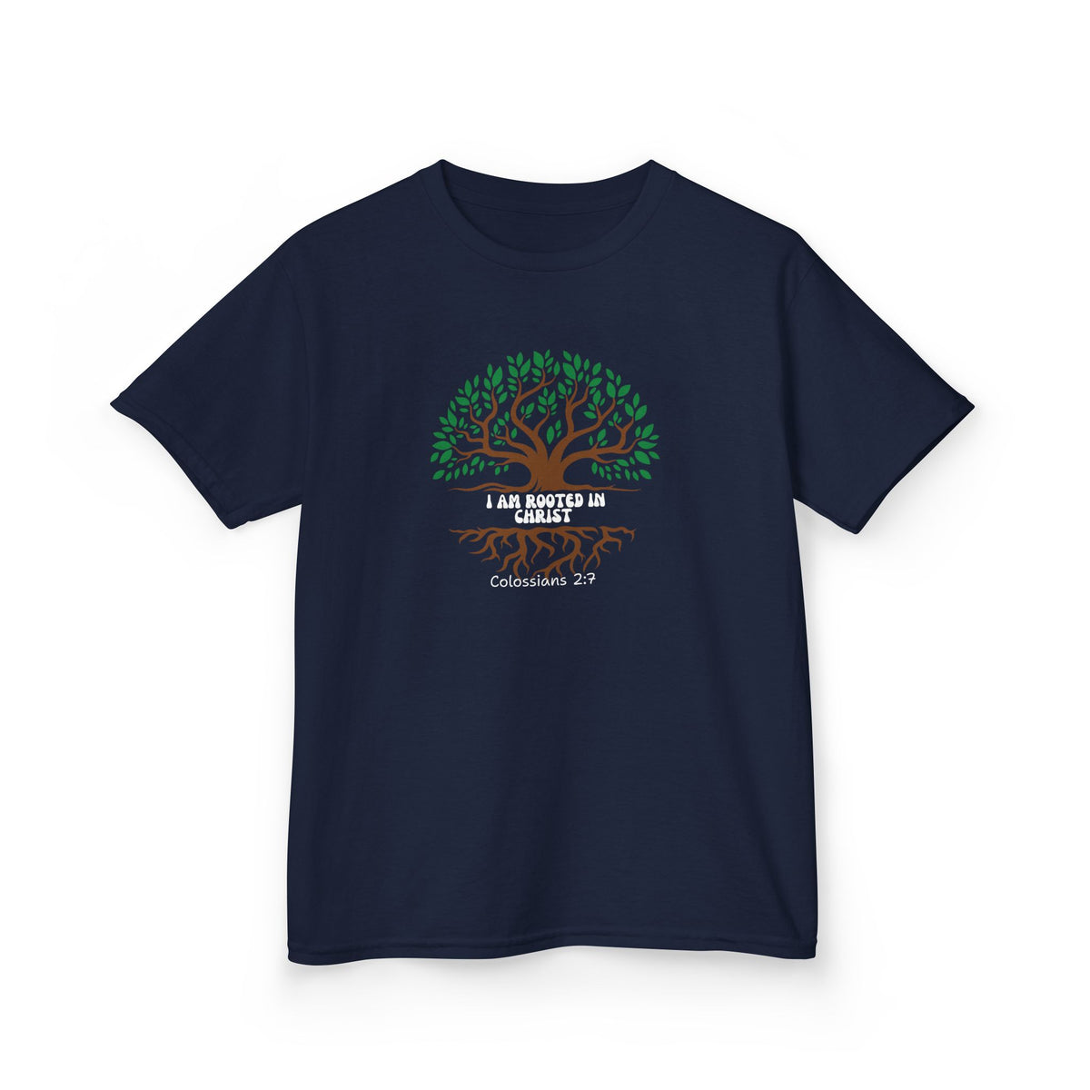Kids Tee — "I Am Rooted & Built Up" Tree of Life Christian Scripture Shirt (Colossians 2:7)
