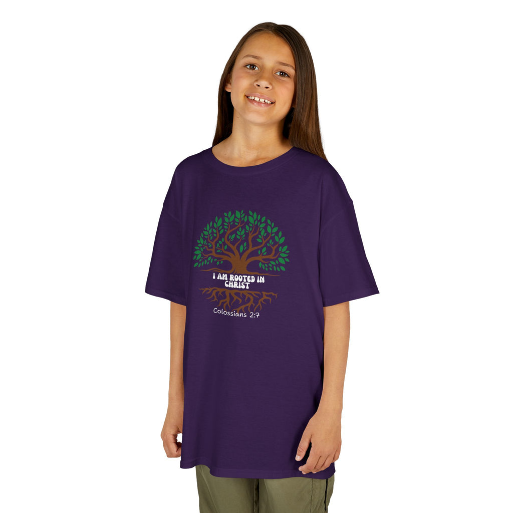 Kids Tee — "I Am Rooted & Built Up" Tree of Life Christian Scripture Shirt (Colossians 2:7)