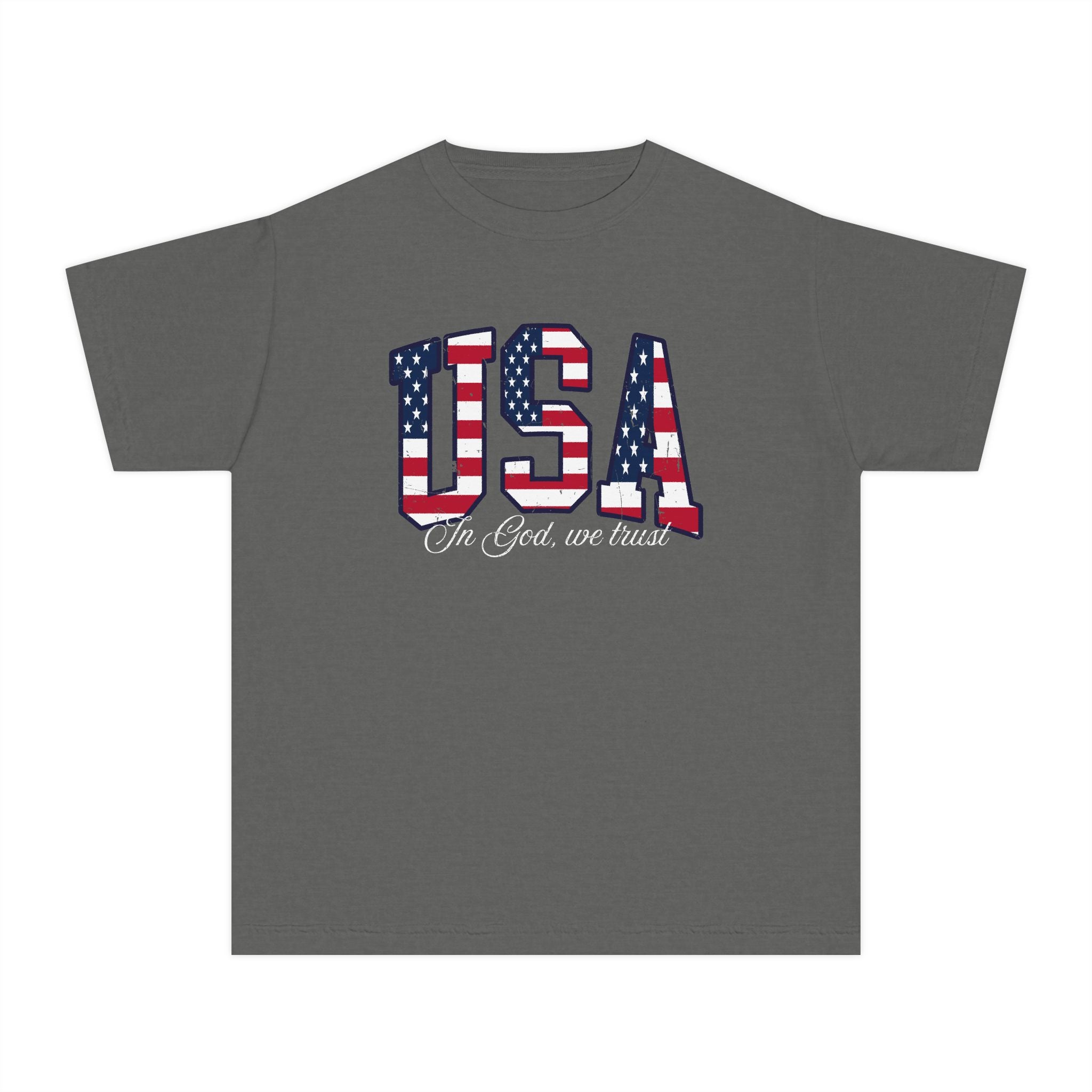 Youth Tee — USA Flag Graphic "In God We Trust" Patriotic Shirt