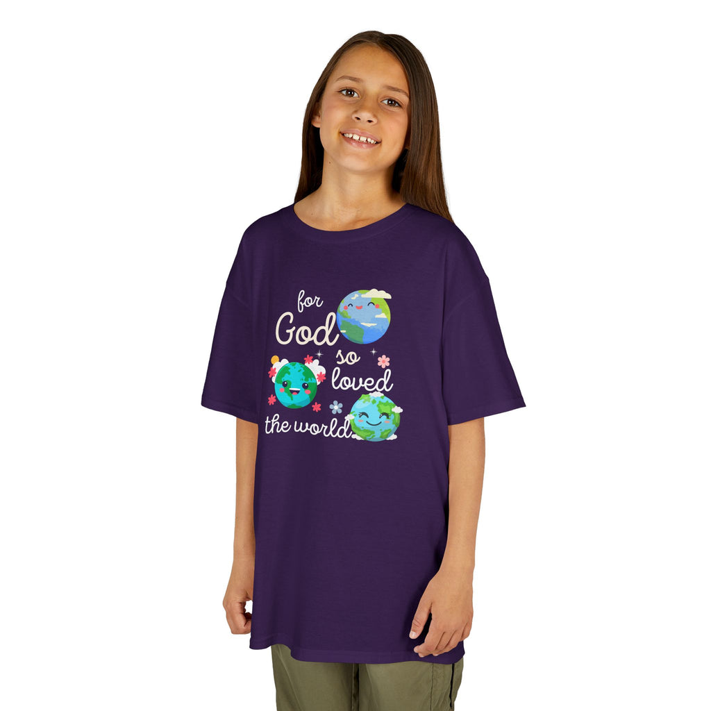 Kids Tee — "For God So Loved the World" Cute Earth Graphic Christian Shirt