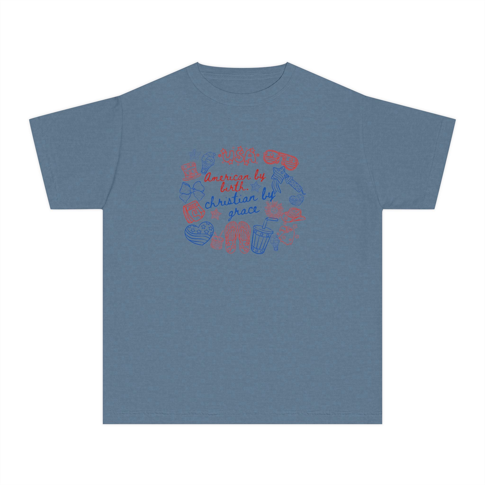 Youth Tee — "American by Birth, Christian by Grace" Illustrated Faith Graphic