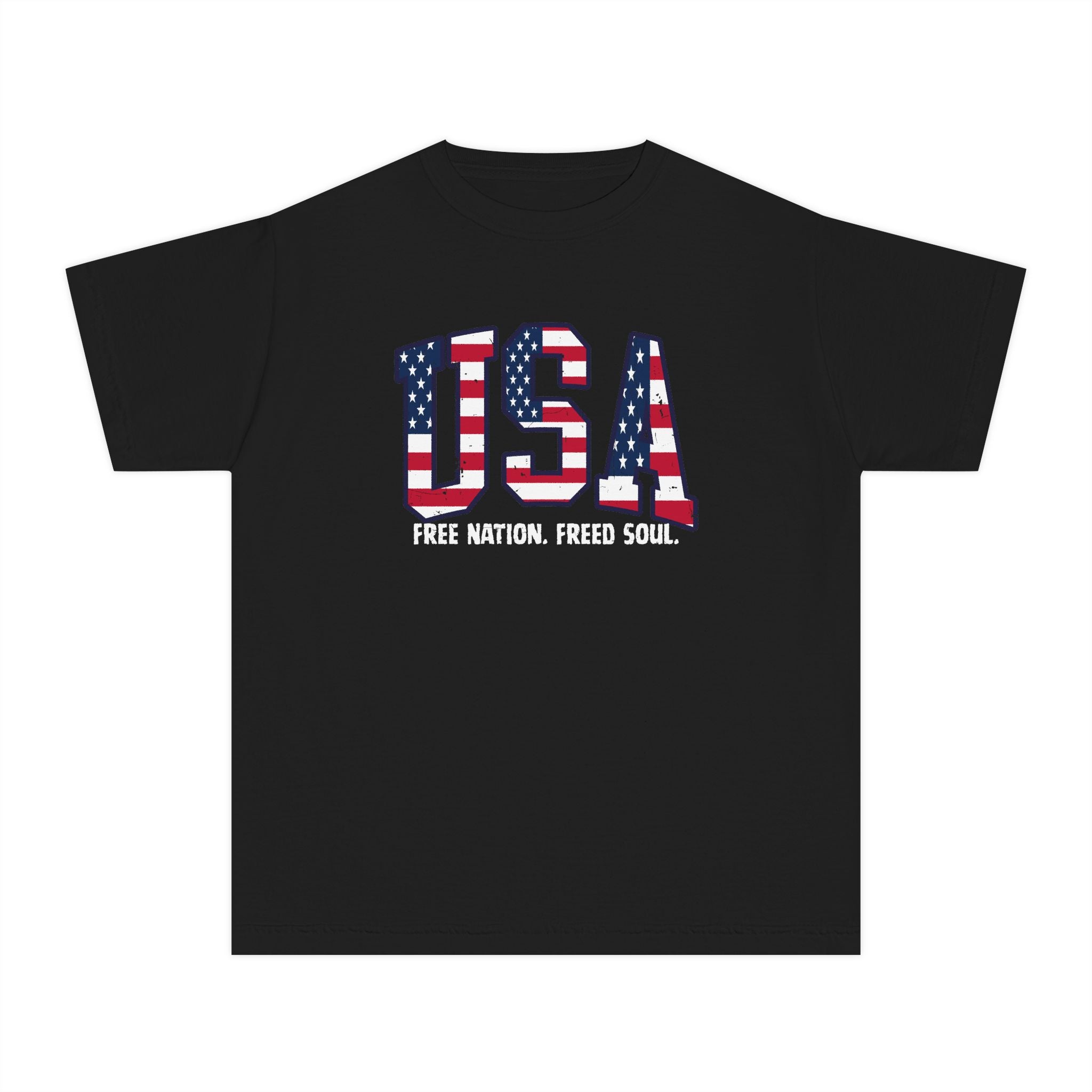USA Flag Youth Tee - "Free Nation, Freed Soul" Patriotic Kids T-Shirt